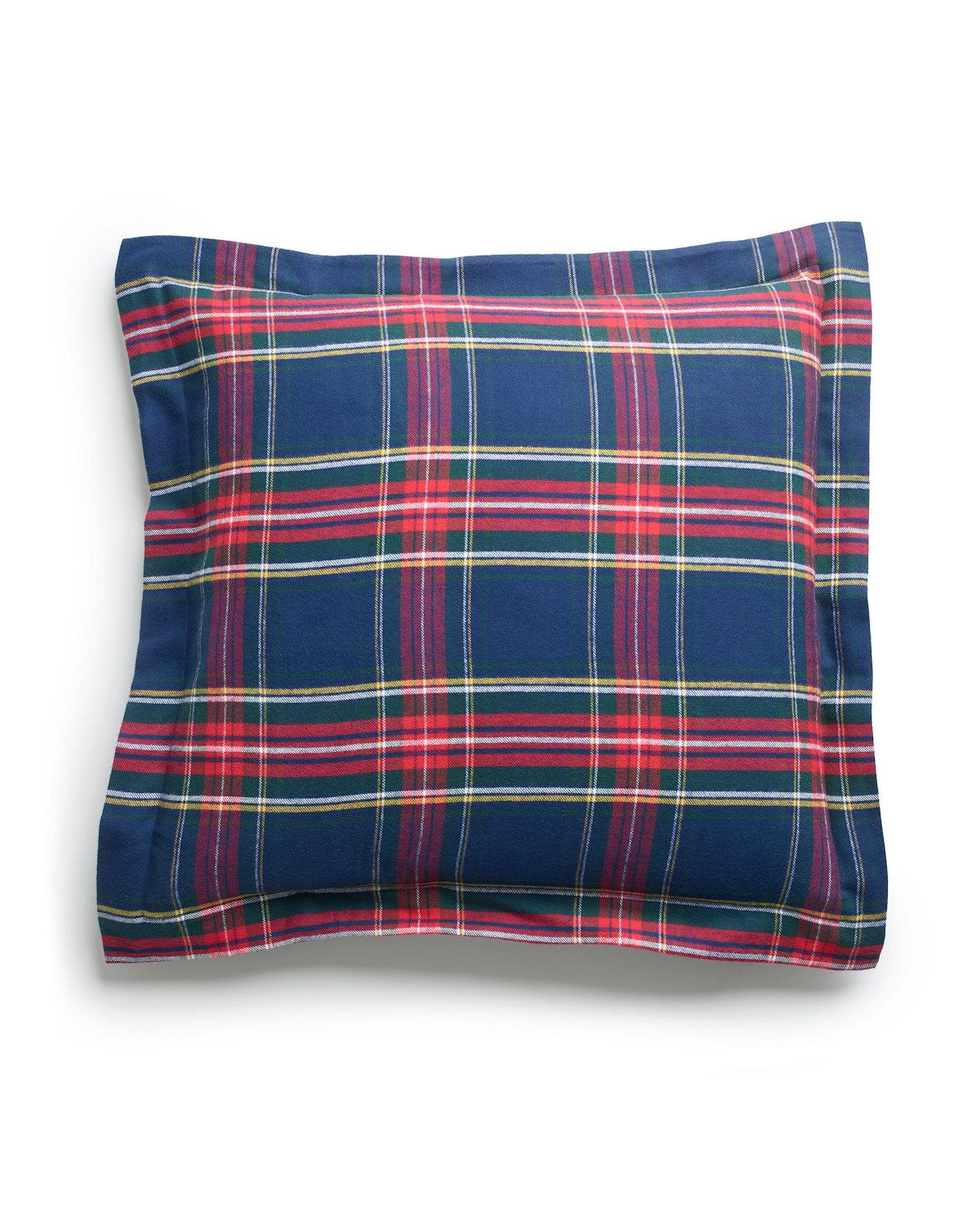 The Flannel Euro Sham in Windsor Tartan by Petite Plume features a blue, red, and green plaid on a white background. Made from brushed cotton flannel, it showcases classic tartan prints with intersecting stripes forming squares and rectangles along slightly visible seams.