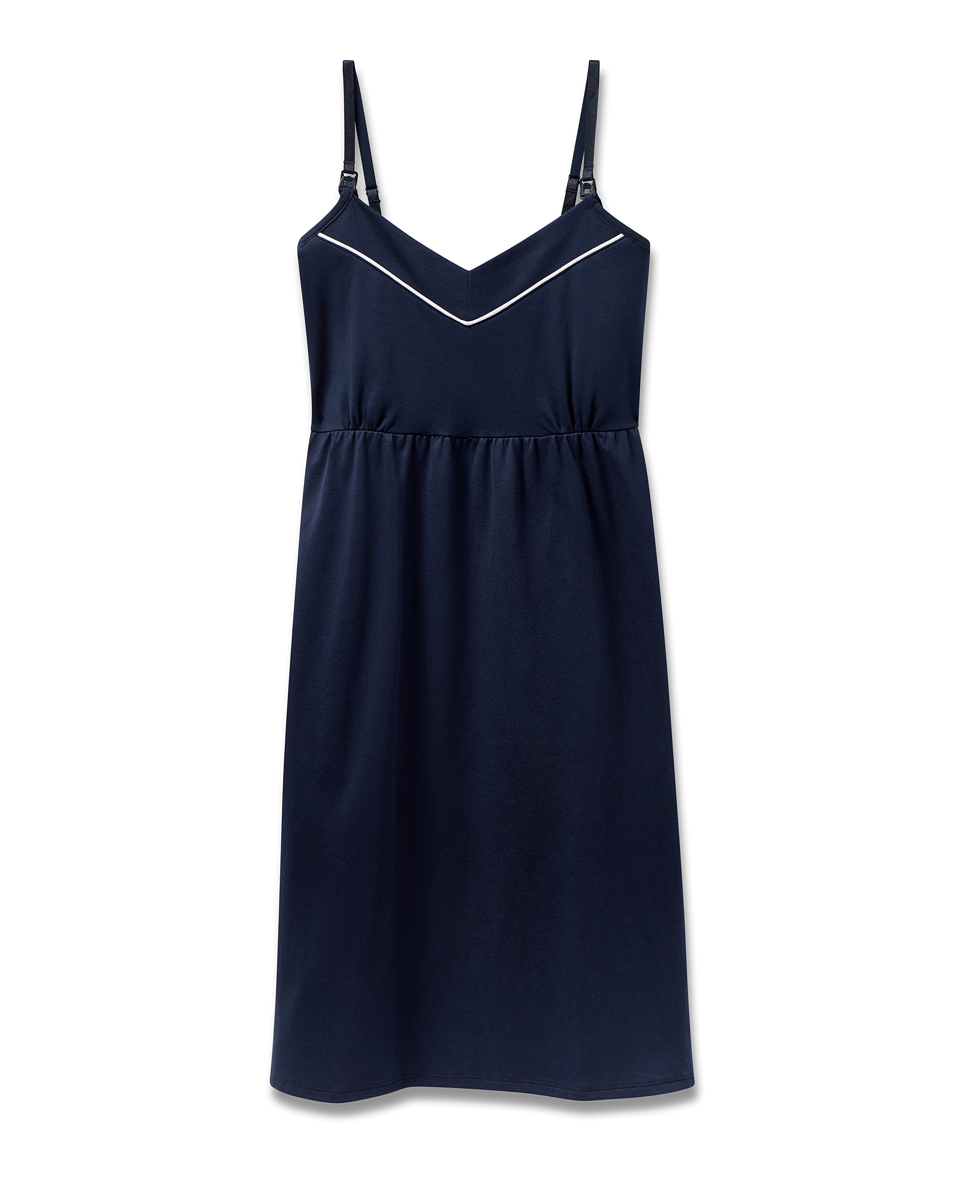 The Petite Plume Womens Pima Maternity Nightgown in Navy features thin straps, a white chevron detail near the neckline, and a gathered waistline, combining style and comfort for casual or semi-formal occasions.