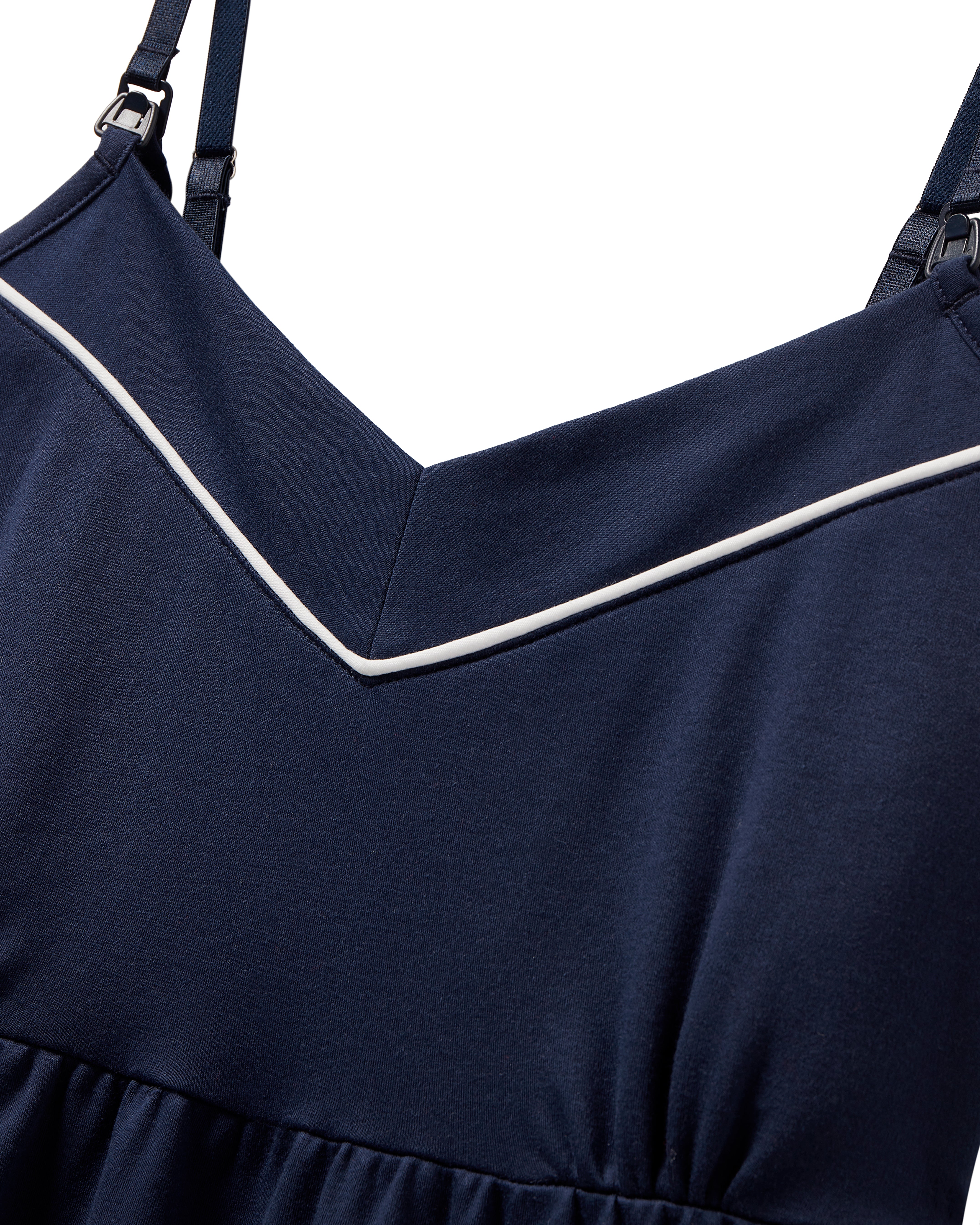 The Petite Plume Womens Pima Maternity Nightgown in Navy features thin white piping along the neckline, smooth fabric for pregnancy comfort, adjustable straps for nursing ease, and a gathered flowing design at the bottom edge for elegance.