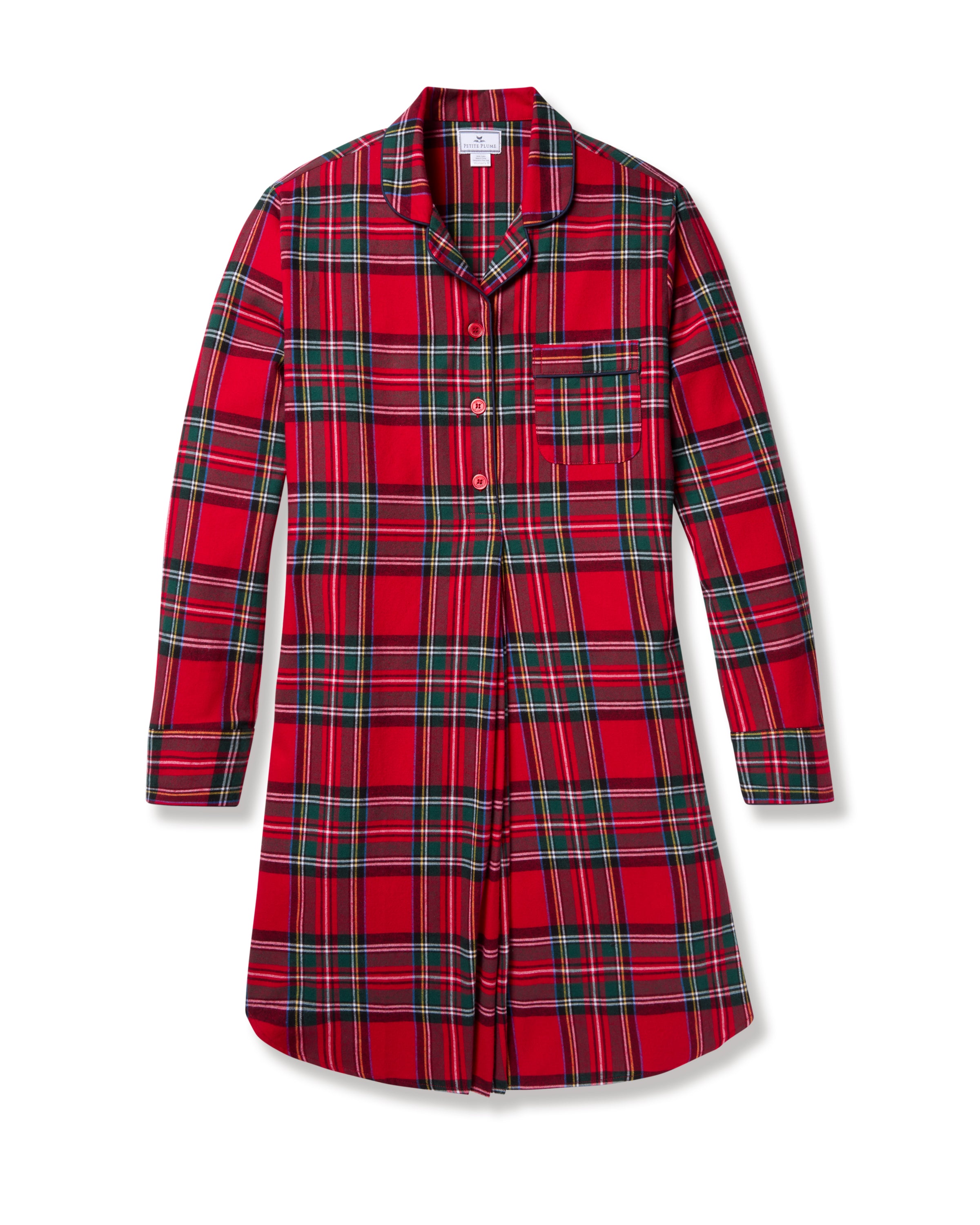 The Petite Plume Womens Brushed Cotton Maternity Nightshirt in Imperial Tartan features red and green plaid, long sleeves, a button-up front, and a chest pocket on a white background for luxurious sleepwear elegance.