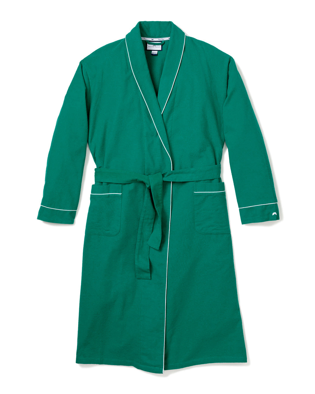 Experience the luxury and practicality of sleepwear with Petite Plumes Mens Flannel Robe in Forest Green with White Piping. This 100% cotton robe features long sleeves, a belt, and two front pockets, showcased laid flat against a white background.