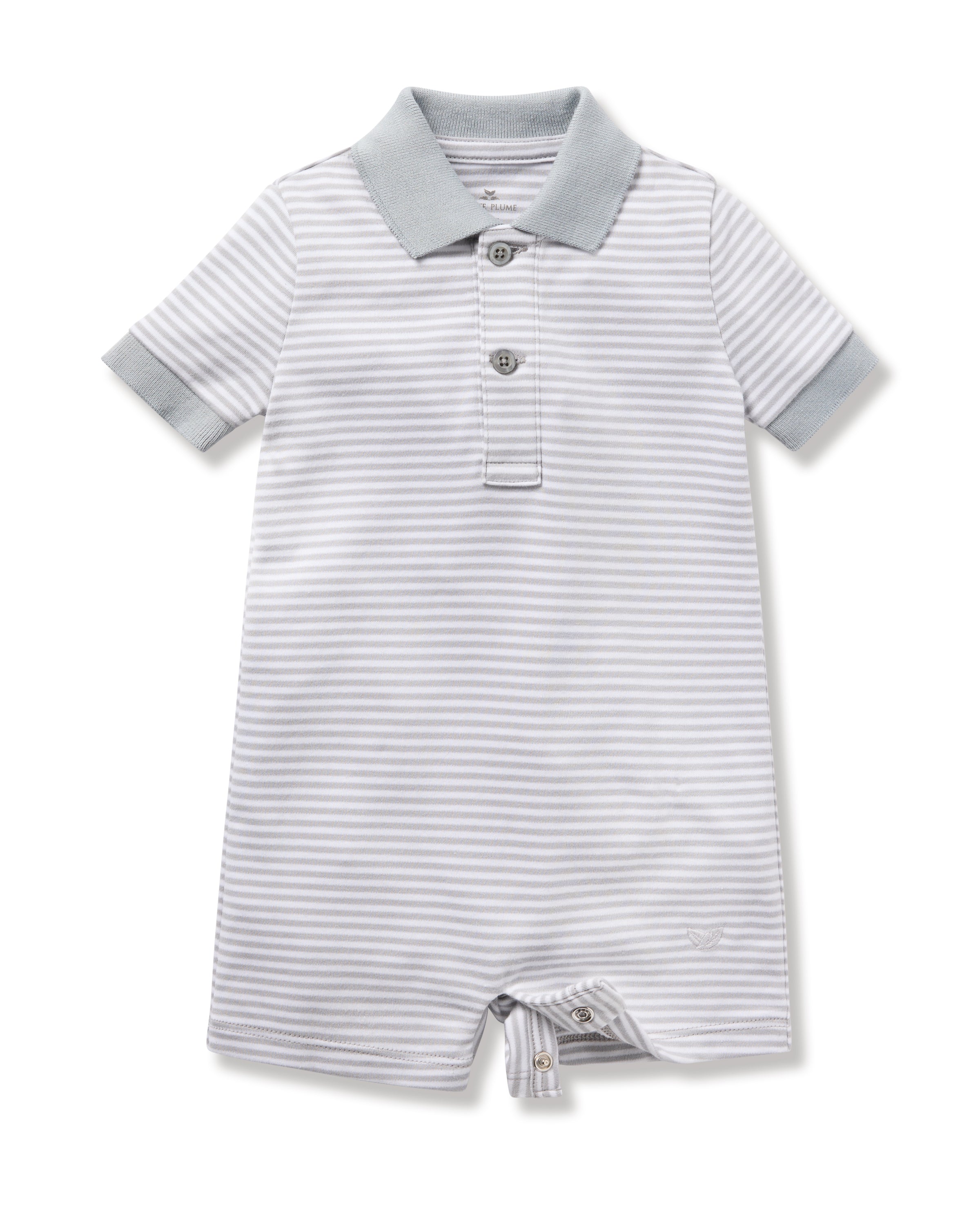 The Babys Pima Louis Play Romper by Petite Plume features soft Pima cotton in light gray and white horizontal stripes. It includes a collar, three front buttons, bottom snap closures, and solid gray edges on the sleeves and collar for a classic look.