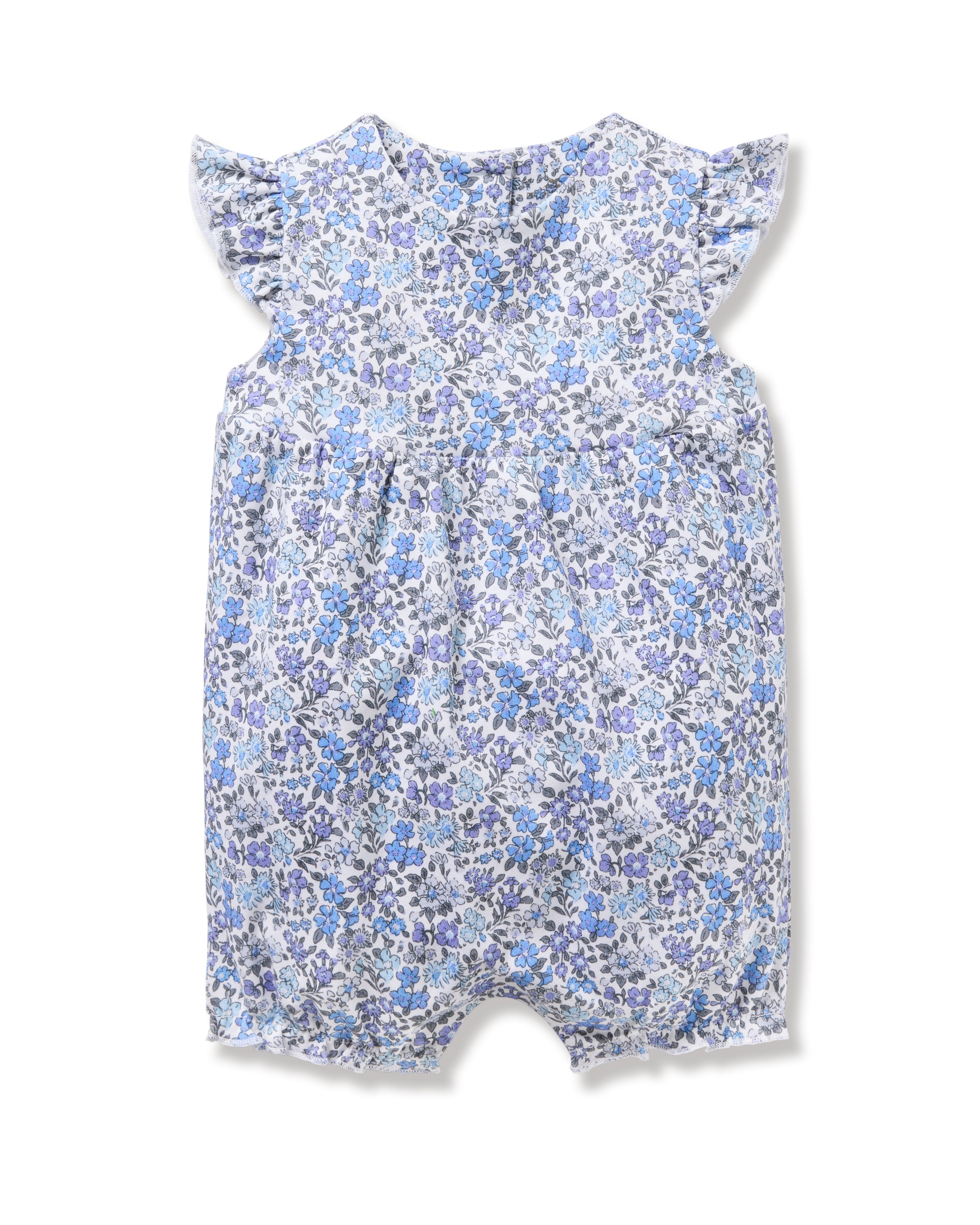 The Babys Pima Isla Play Romper by Petite Plume, in Fleur dAzur, is a vintage-inspired piece with blue and purple flowers on white. It features short ruffled sleeves and delicate front pleats, creating an enchanting look for your little one.