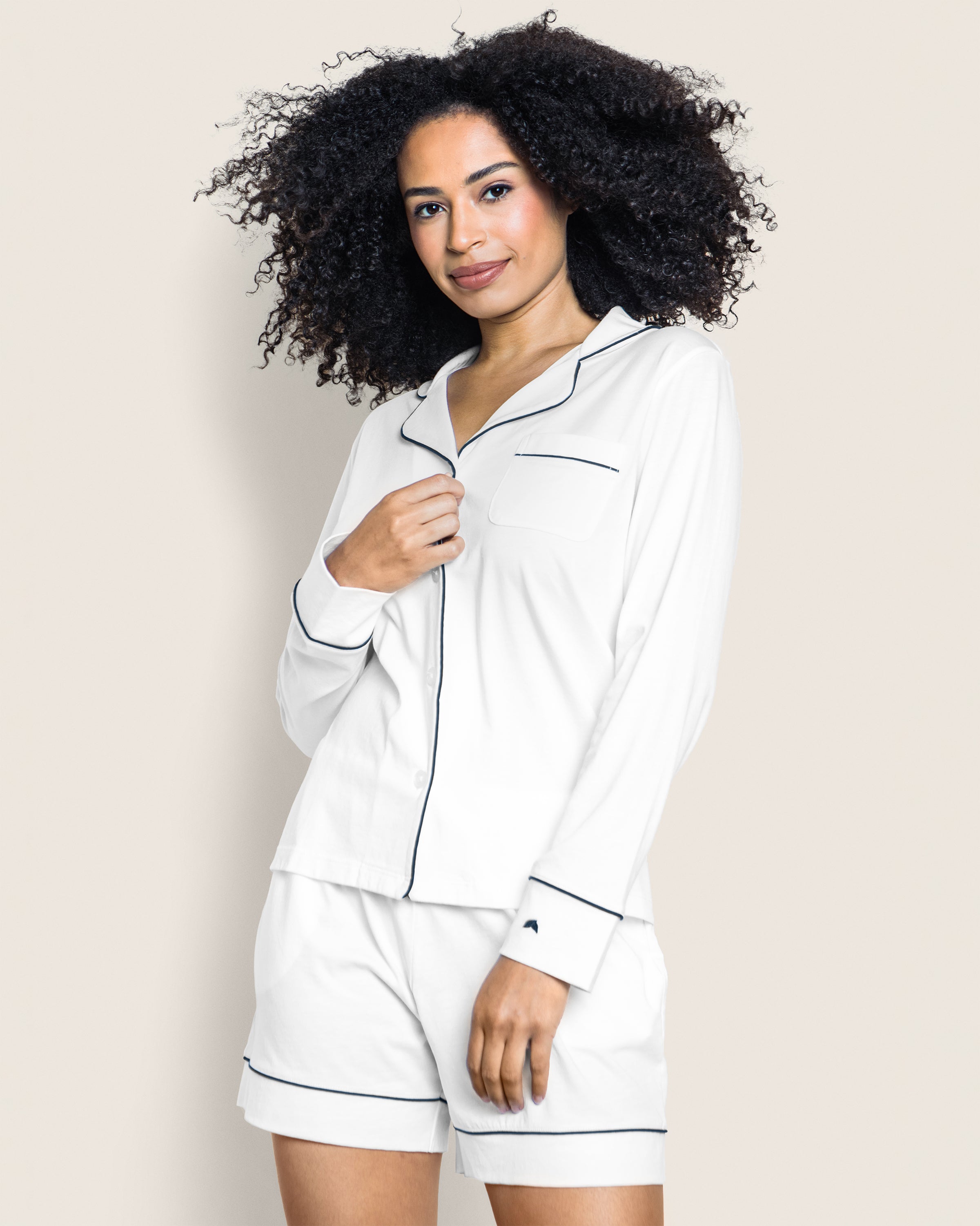 Women's Pima Long Sleeve Short Set in White with Black Piping