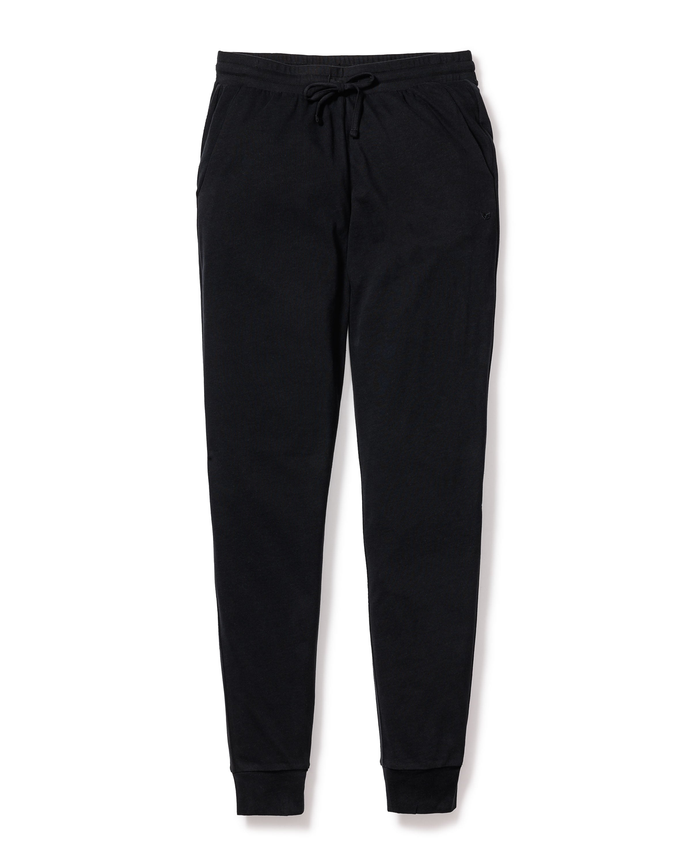 Petite Plumes Womens Pima Lounge Pants in Black are made from luxurious jersey knit fabric and feature an elastic waistband with a drawstring, side pockets, and tapered legs with elastic cuffs. Their soft texture makes them perfect for casual wear or exercise.