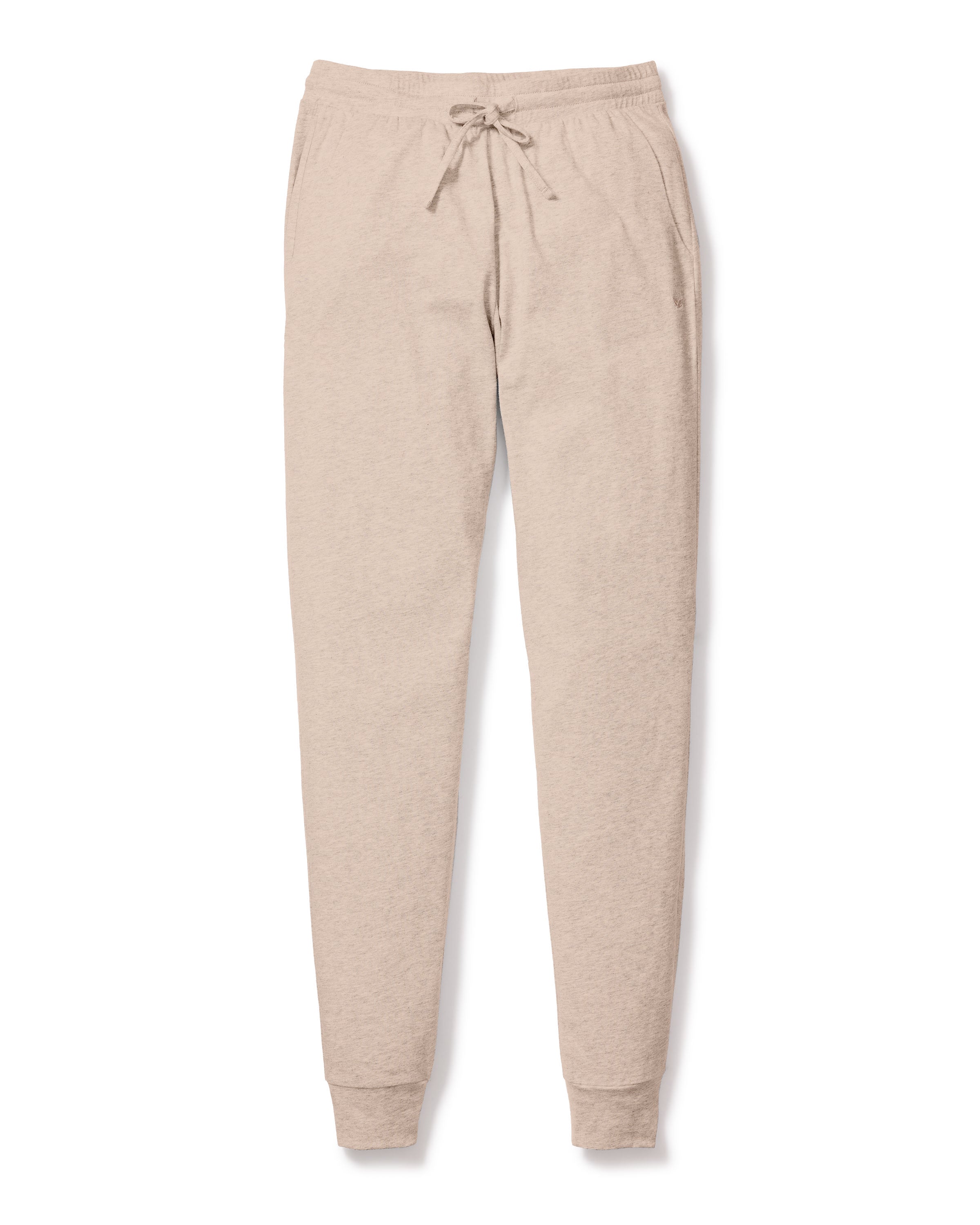 Womens Pima Lounge Pants in Camel by Petite Plume are luxurious Peruvian Pima cotton joggers with an elastic waistband, drawstring, side pockets, and cuffed ankles. Displayed against a plain white background.