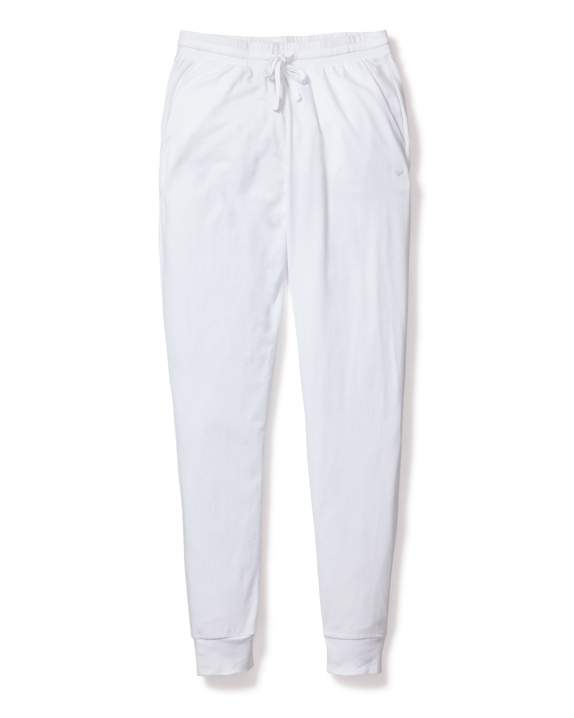 Petite Plumes Womens Pima Lounge Pants in White feature an elastic waistband, drawstring, and subtle ankle cuffs. Crafted from soft Peruvian Pima cotton, they offer a relaxed fit for casual or athletic wear, resembling luxurious pajamas.