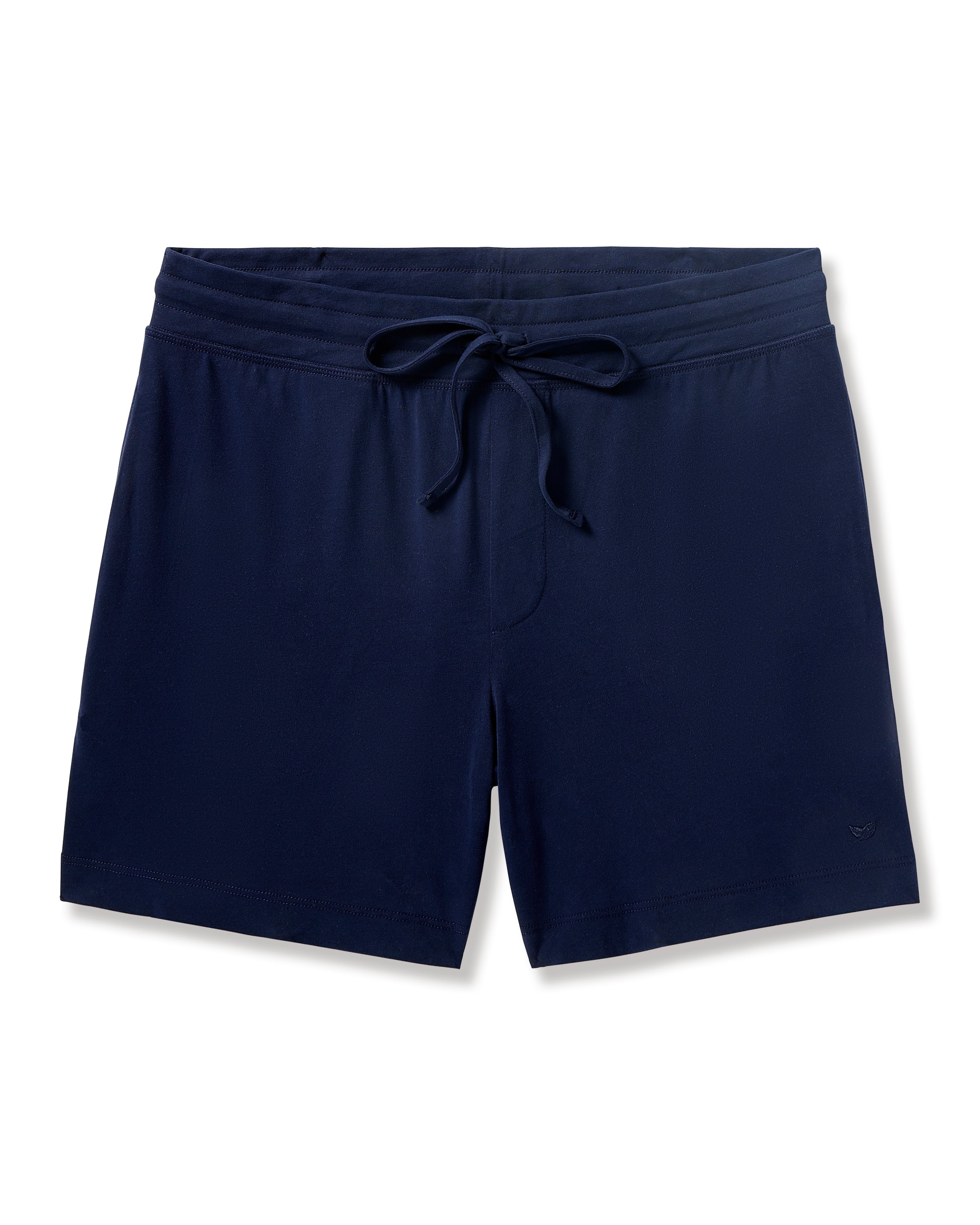 Petite Plumes Mens 5 Pima Shorts in Navy feature a drawstring waistband, soft jersey knit, and a simple design without visible patterns or logos, perfect for luxurious pajamas.