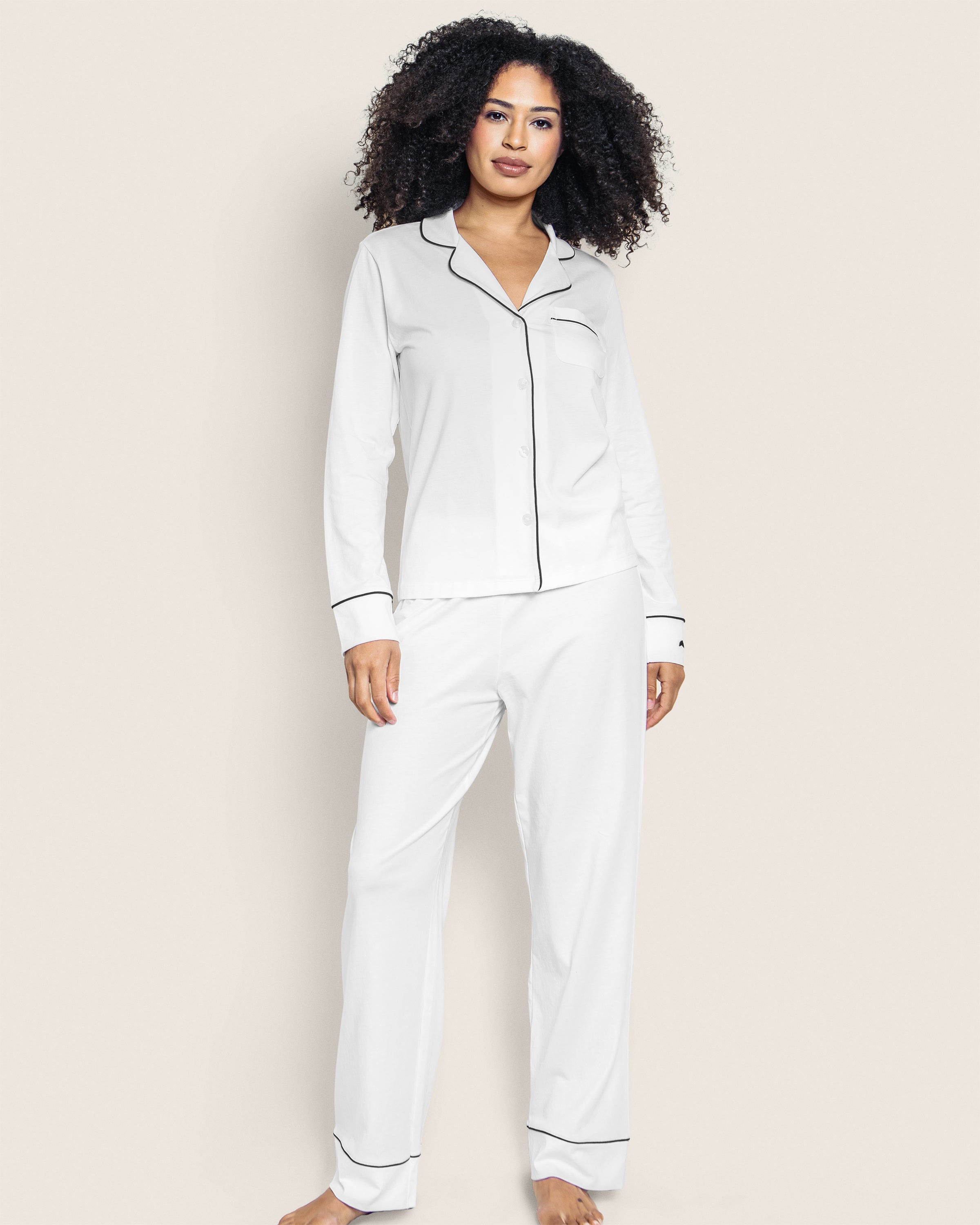 Women's Pima Pajama Set in White with Black Piping