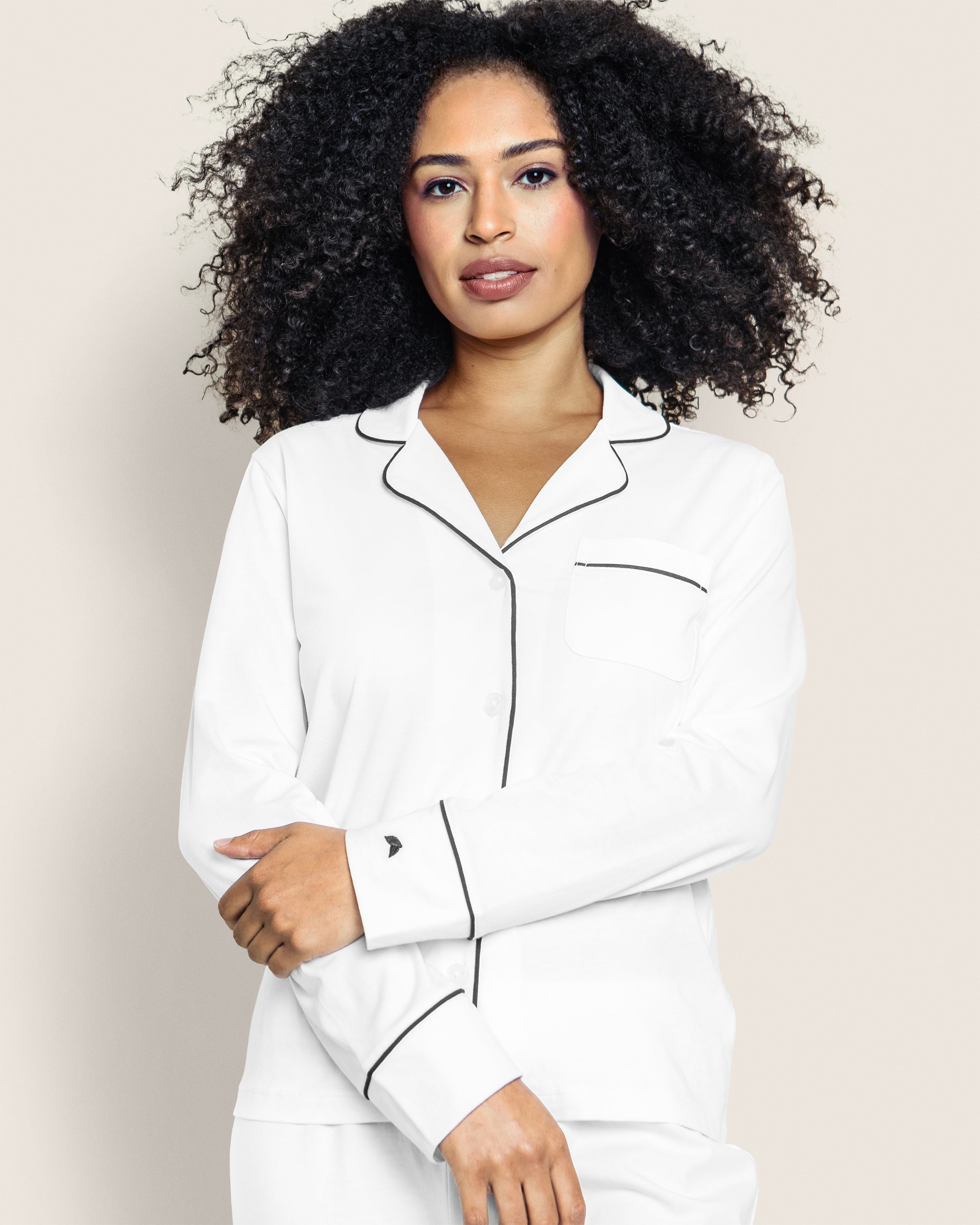 Women's Pima Pajama Set in White with Black Piping