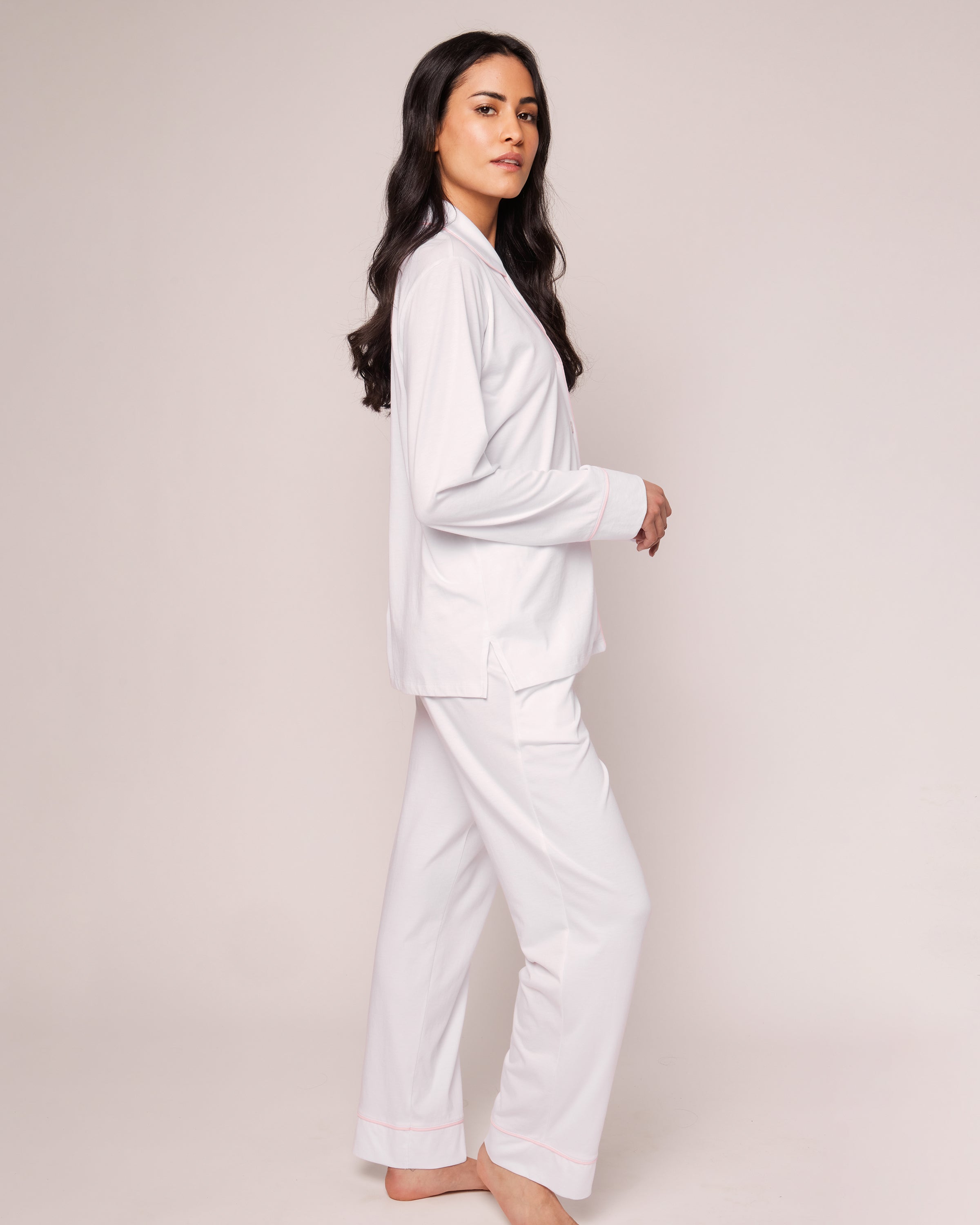 Women's Pima Pajama Set in White with Pink Piping