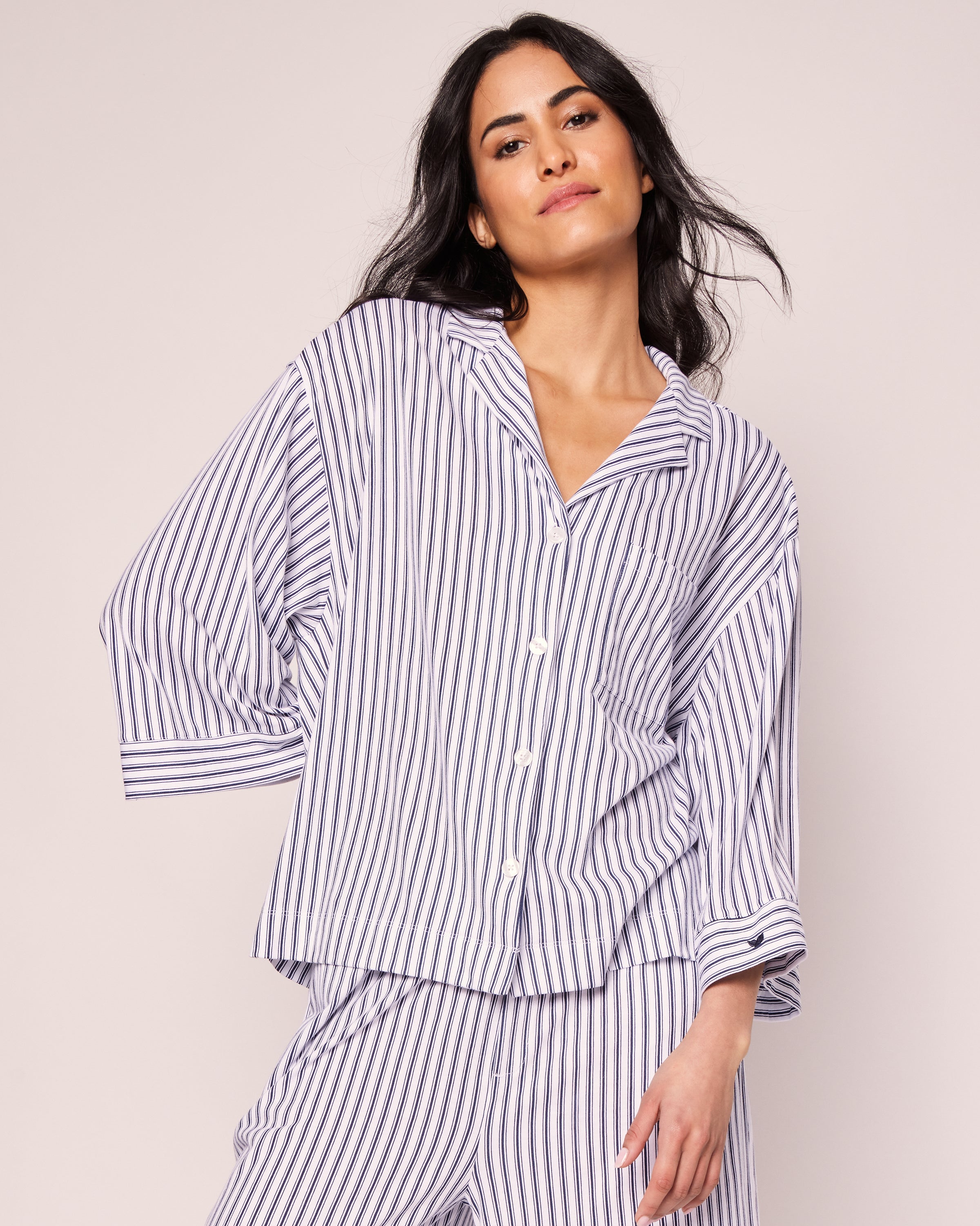 The Olivia Wide Leg Pima Pajama Set in Navy French Ticking