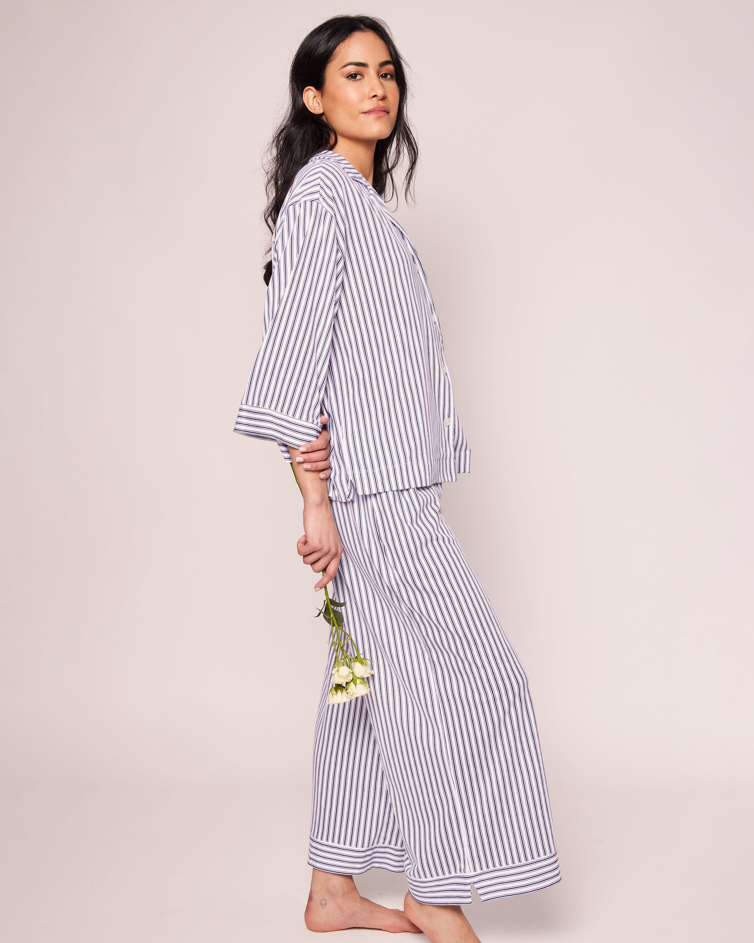 The Olivia Wide Leg Pima Pajama Set in Navy French Ticking