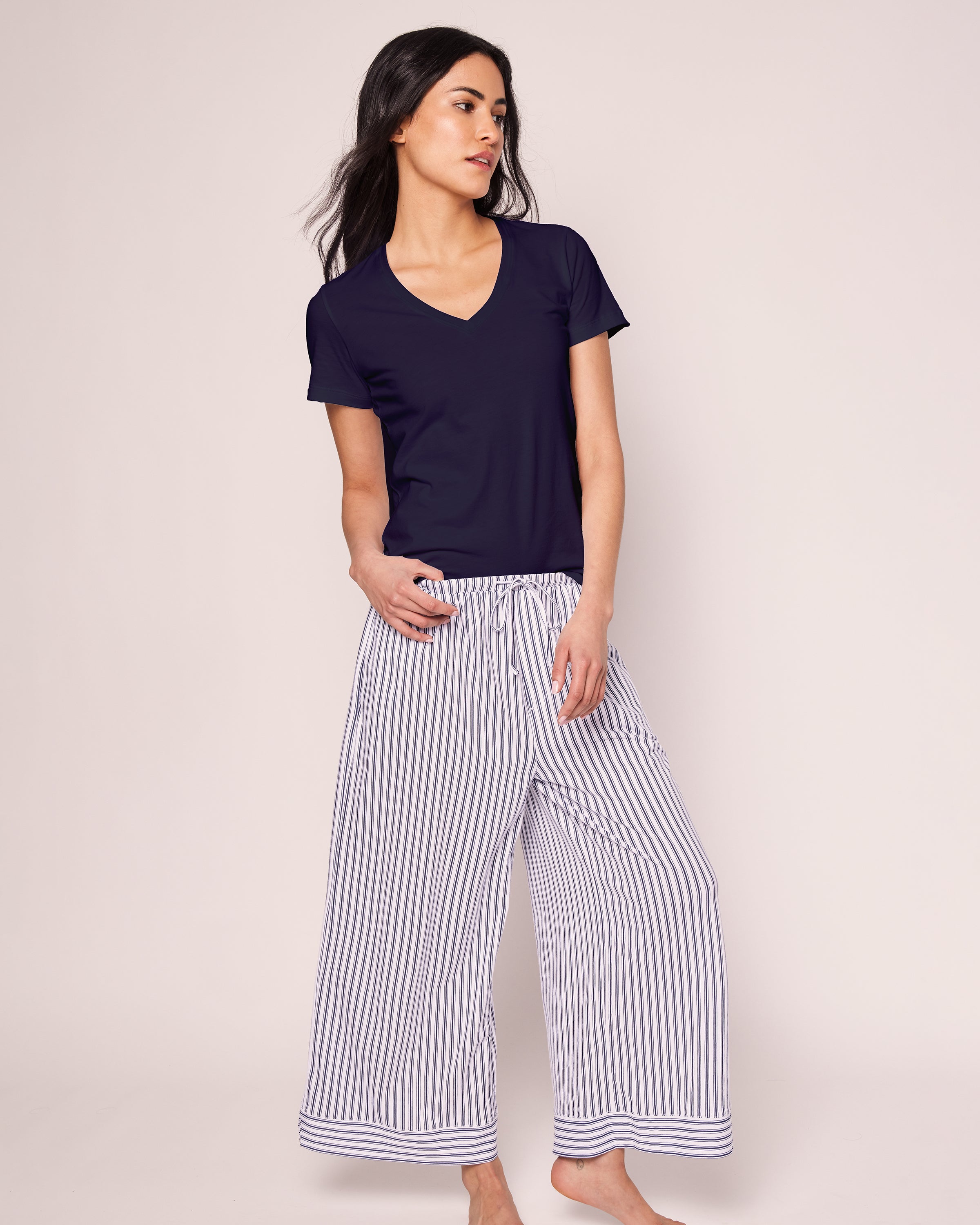 The Olivia Wide Leg Pima Pajama Set in Navy French Ticking