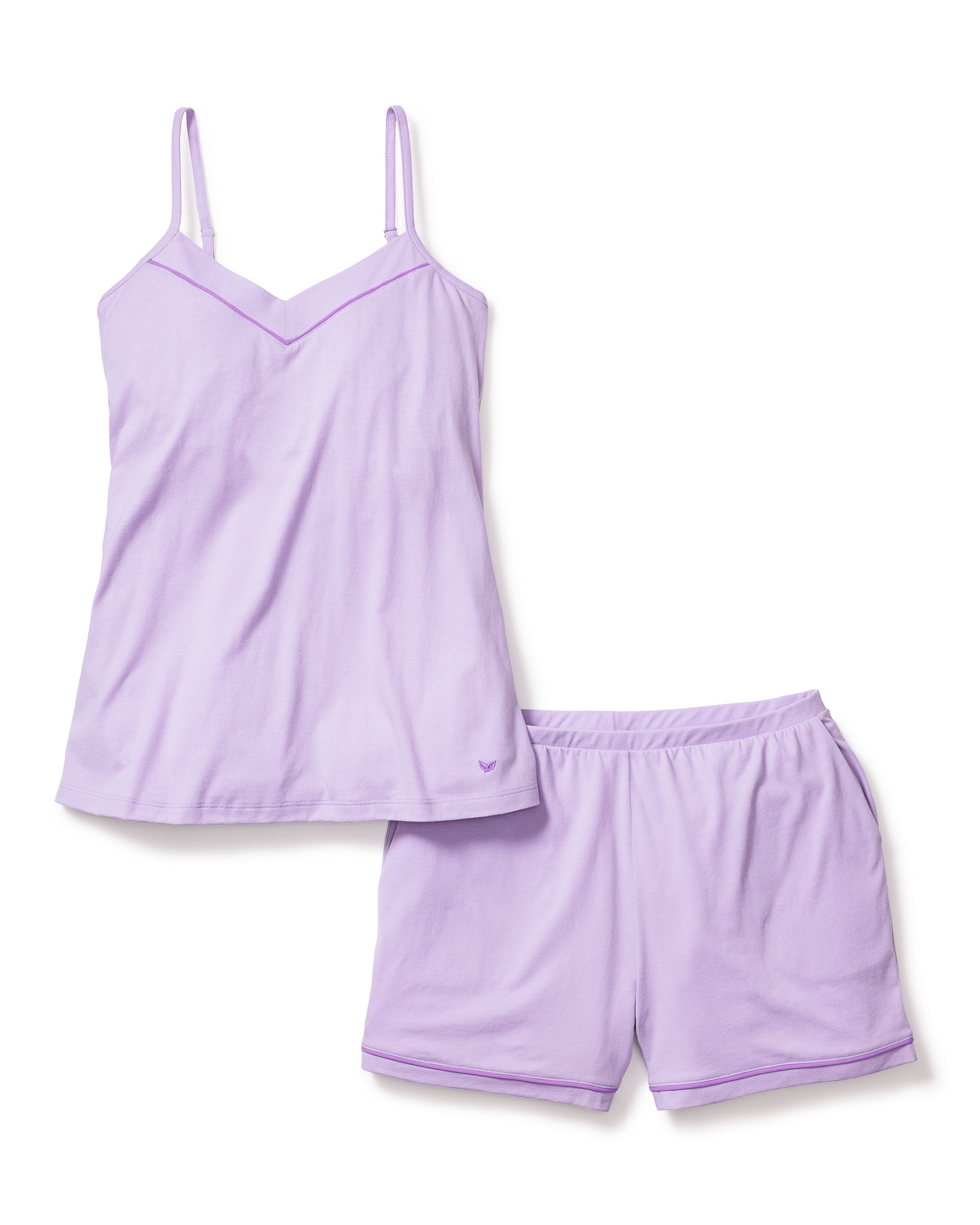 The Womens Pima Sylvie Cami Short Set in Lavender by Petite Plume, displayed on a white background, features a sleeveless Pima cotton camisole with thin straps and a V-neckline, along with matching shorts equipped with an elastic waistband for comfort.