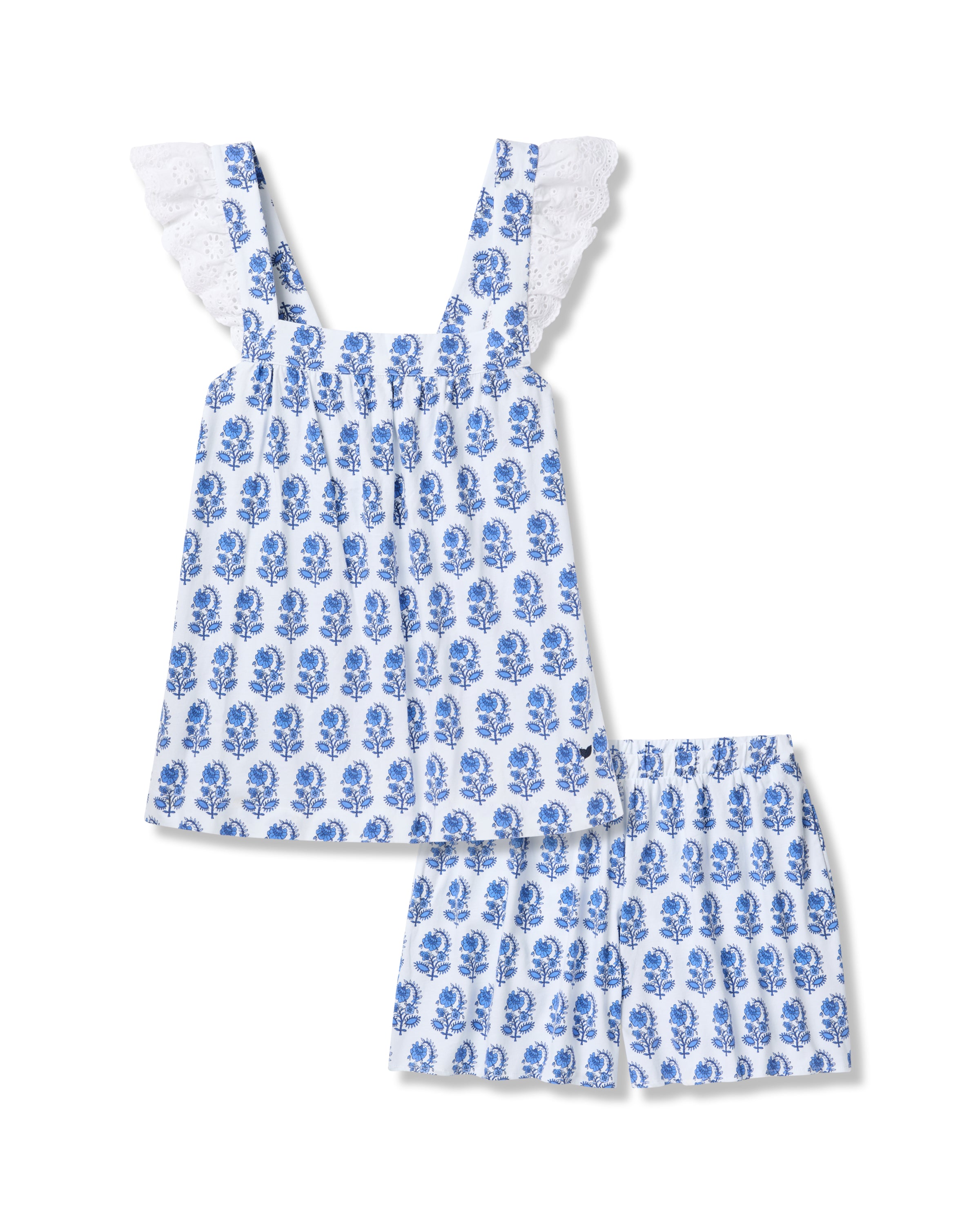 The Womens Pima Clara Short Set in Bristol Bay by Petite Plume features a sleeveless top and shorts with a blue floral pattern on white. Made from Peruvian Pima cotton, the top is styled with lace-trimmed straps, combining casual comfort and luxury for warm weather days.