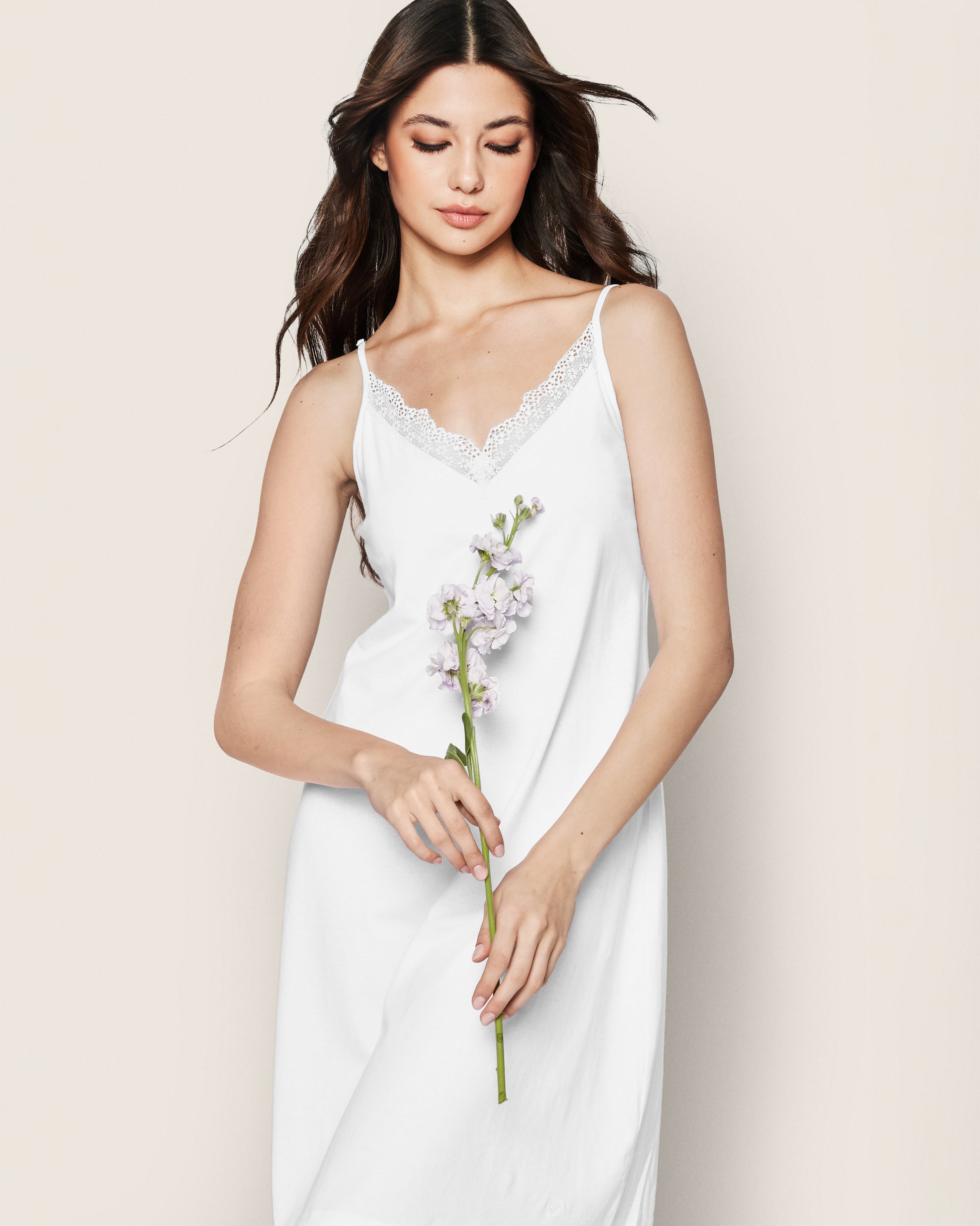 Women's Pima Nightgown with Lace in White