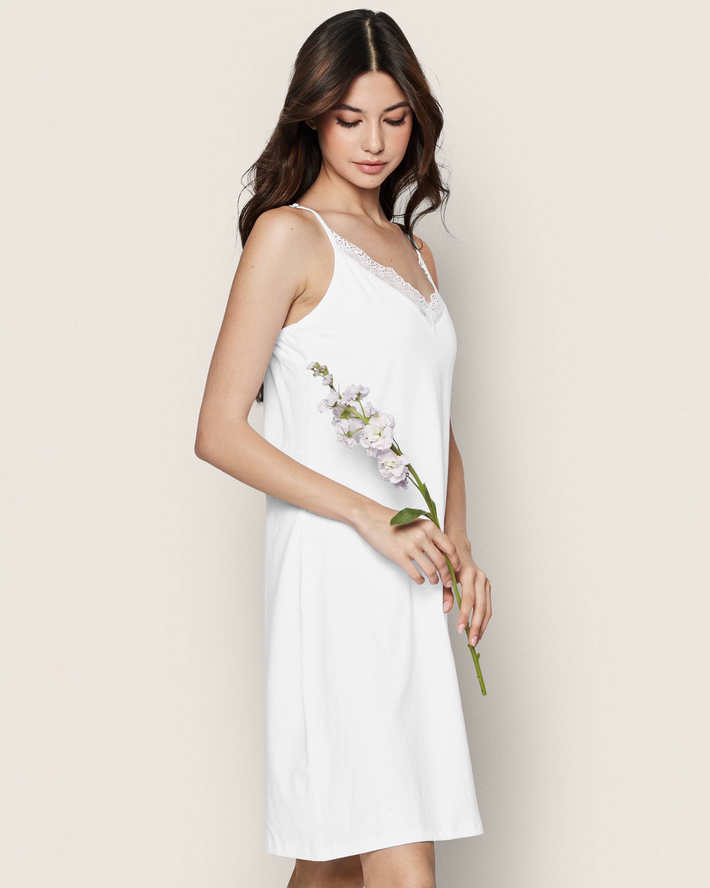 Women's Pima Nightgown with Lace in White