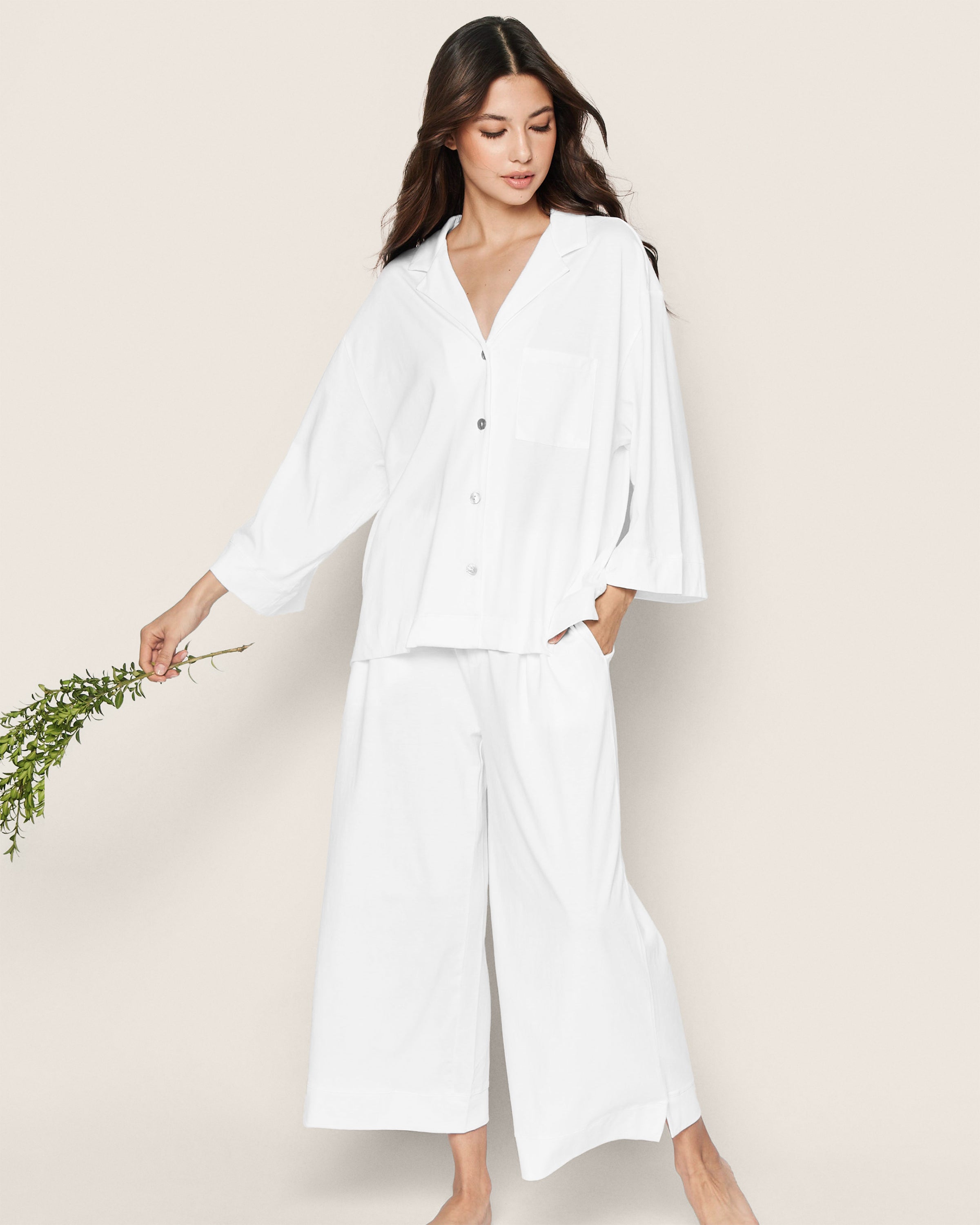 The Olivia Wide Leg Pima Pajama Set in White