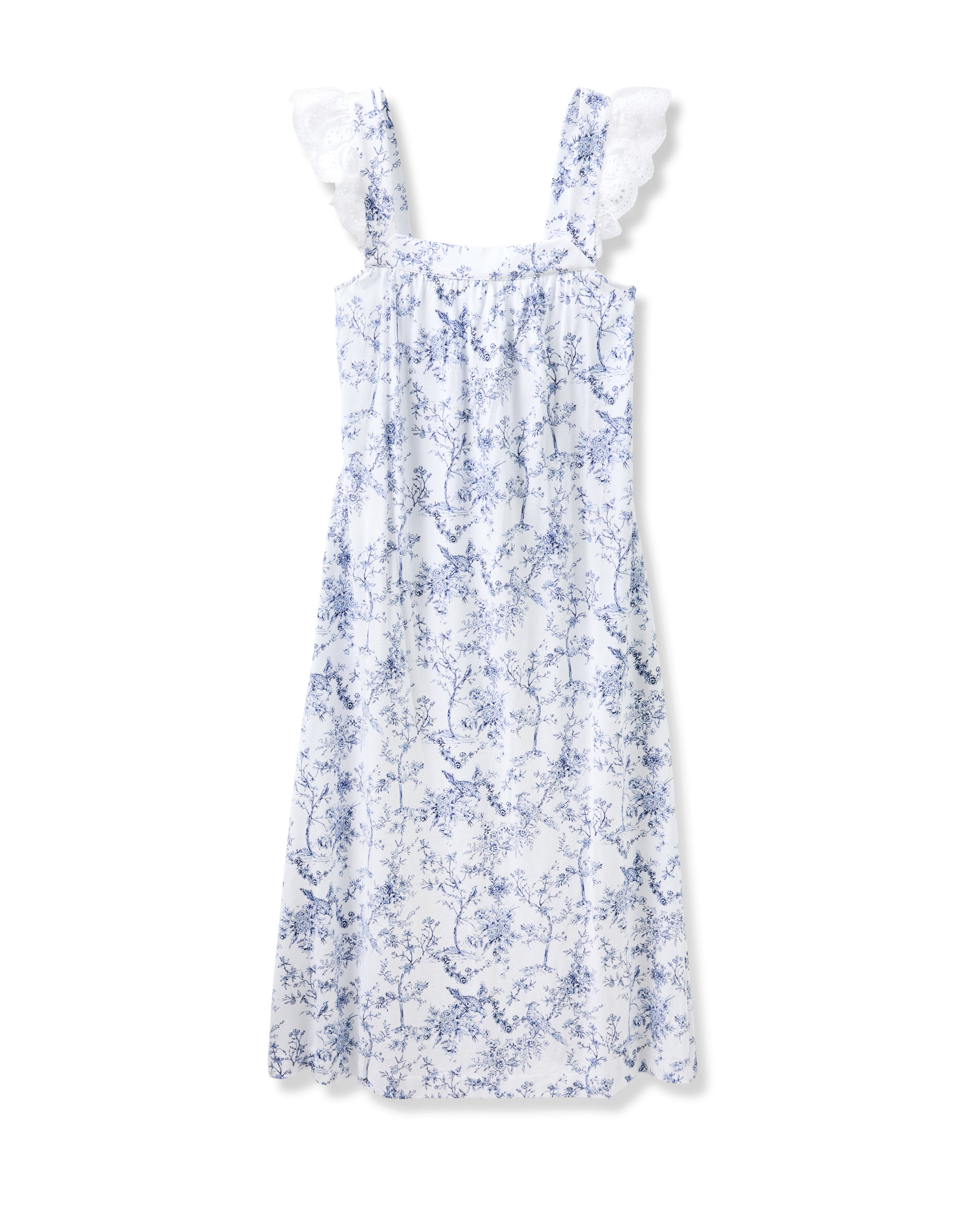 The Womens Pima Clara Nightgown in Timeless Toile by Petite Plume features a blue floral pattern and lace-trimmed shoulder straps, displayed on a plain white background.