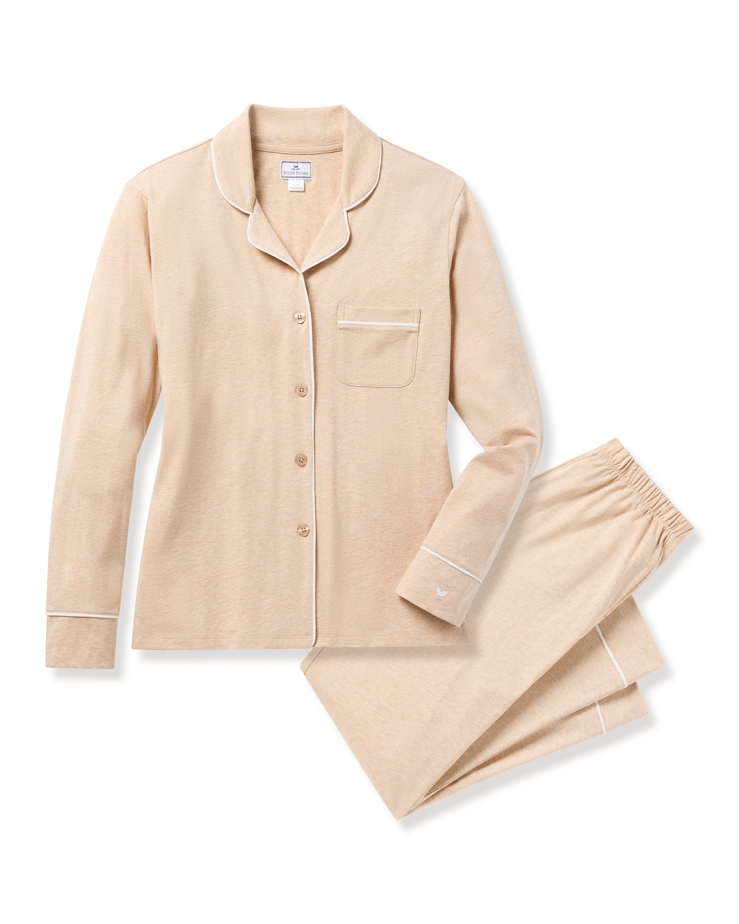 Experience luxury with Petite Plumes Womens Pima Pajama Set in Camel. Made from Peruvian Pima cotton, it includes a long-sleeve button-up top with a classic collar and chest pocket, accented by white piping, and matching elastic-waist pants for ultimate comfort.