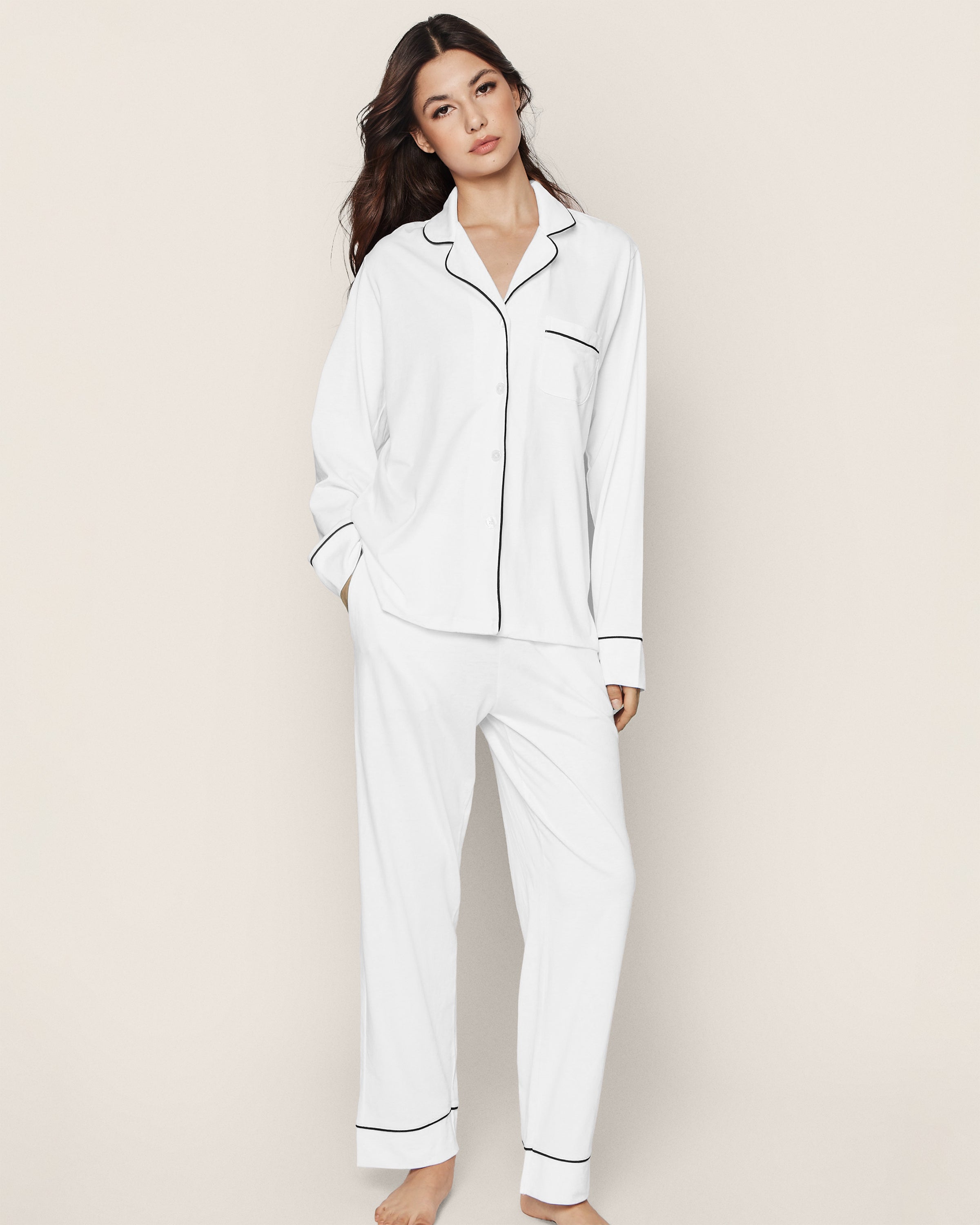 Women's Pima Pajama Set in White with Navy Piping