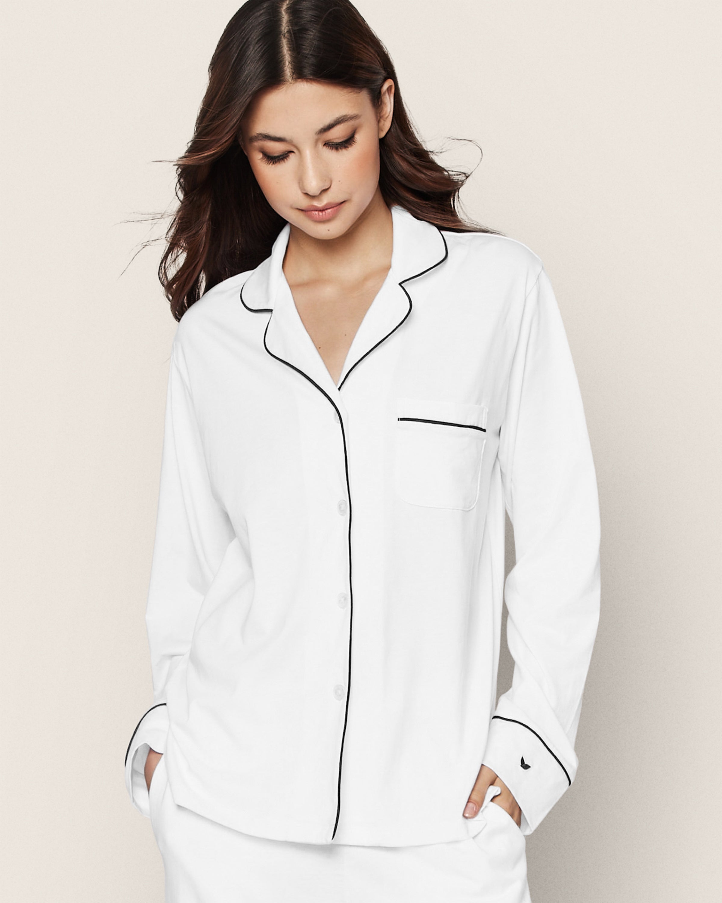 Women's Pima Pajama Set in White with Navy Piping