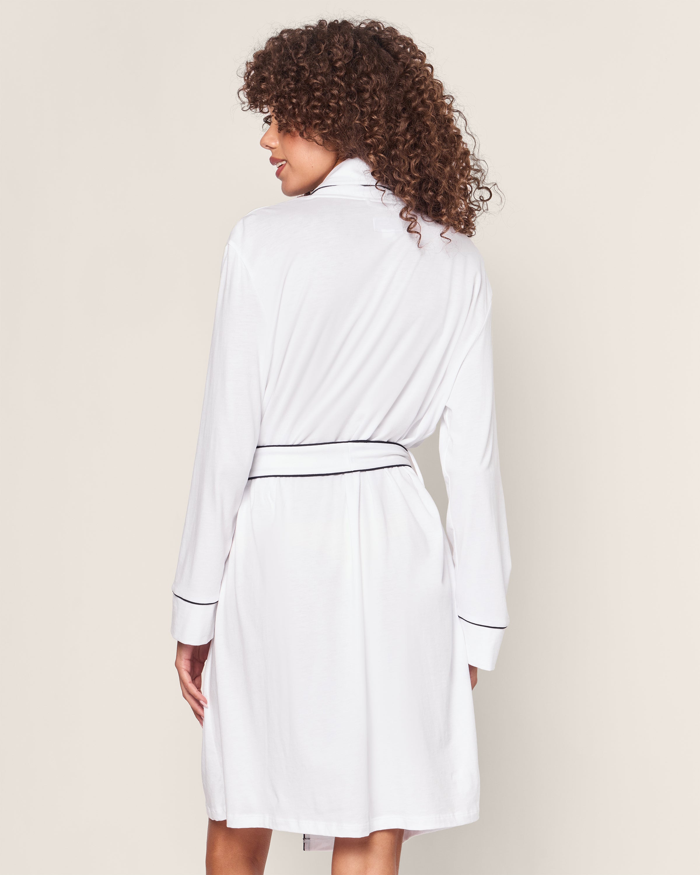 Women's Pima Robe in White with Navy Piping