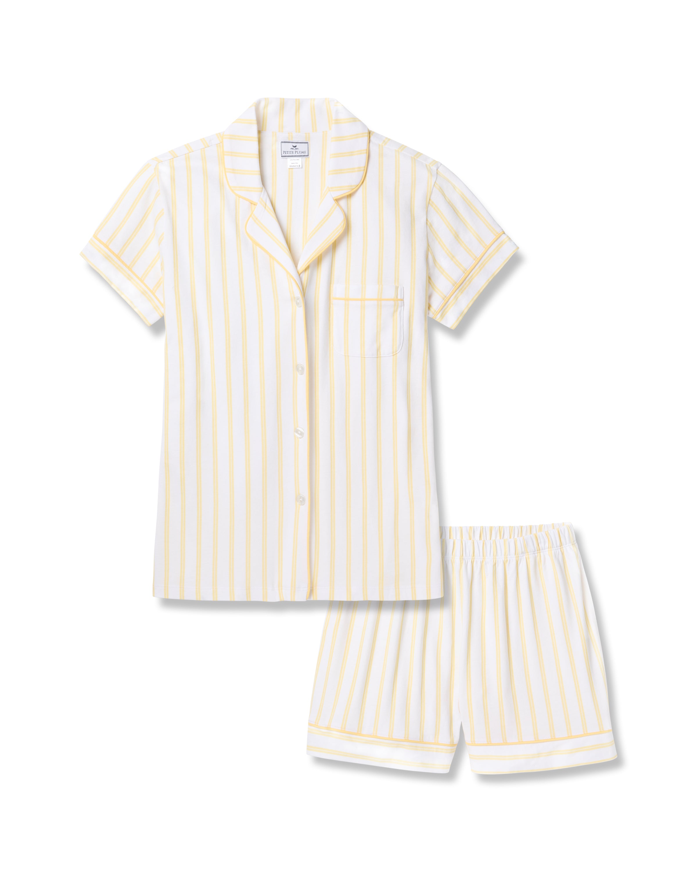 The Womens Pima Short Sleeve Short Set in Sunny Stripe by Petite Plume includes a white and yellow striped button-up shirt with a chest pocket and notched collar, paired with comfy shorts featuring an elastic waistband. Made from luxurious Peruvian Pima cotton.