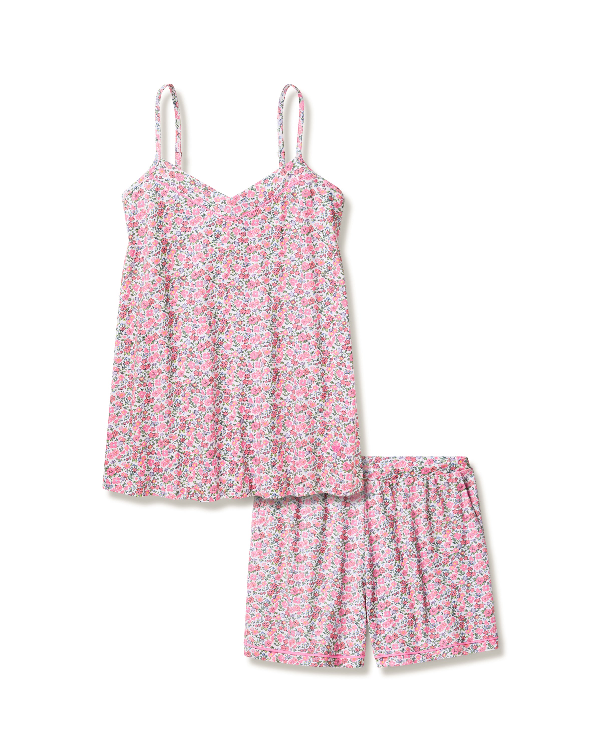 Enjoy the tranquility of Petite Plumes Womens Pima Sylvie Short Set in Fleurs de Rose, made from soft Pima cotton. Featuring a spaghetti strap camisole and matching shorts, it showcases a beautiful Fleur dAzur print in pink, green, and white hues—ideal for dreamy nights.