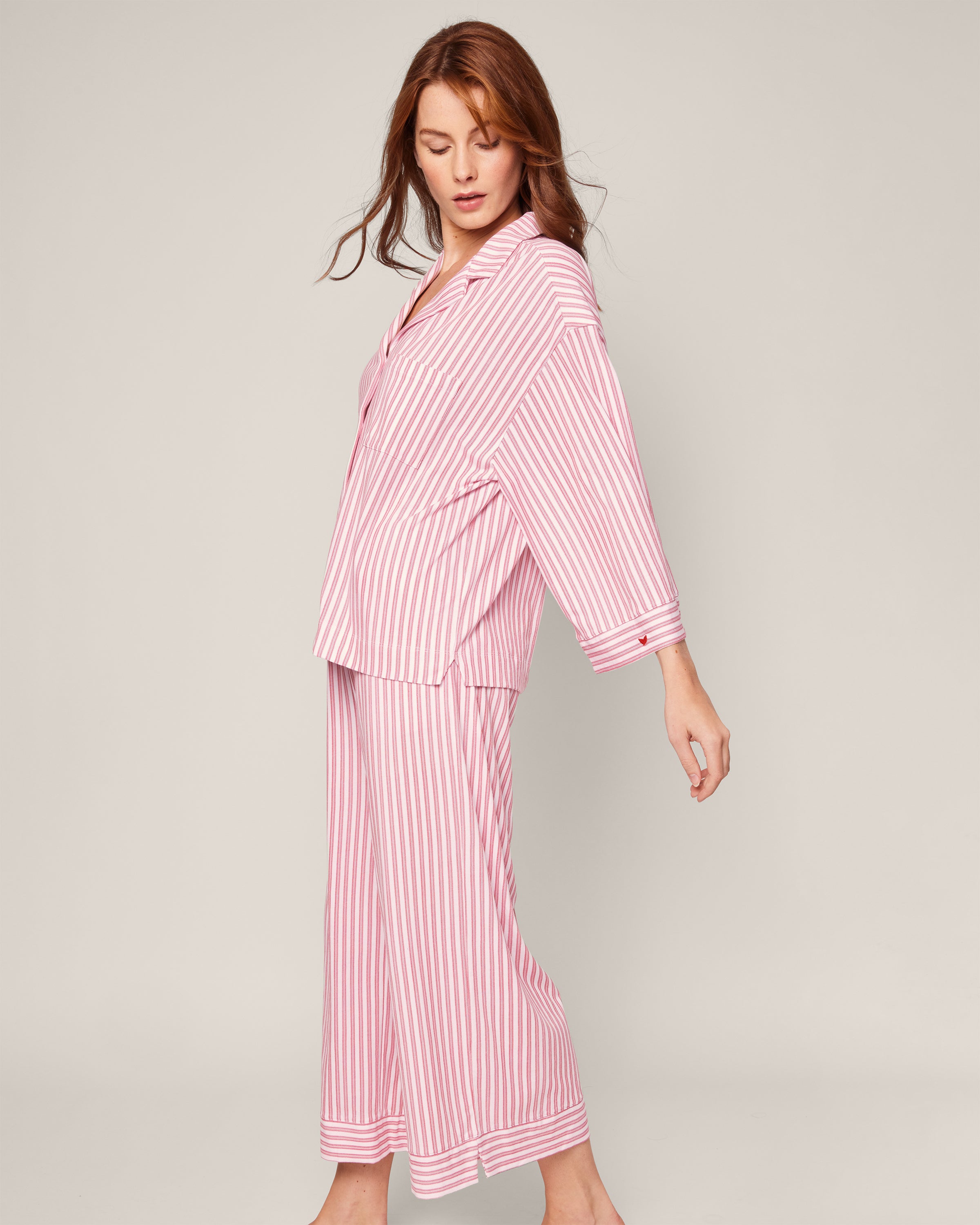 The Olivia Wide Leg Pima Pajama Set in Antique Red Ticking