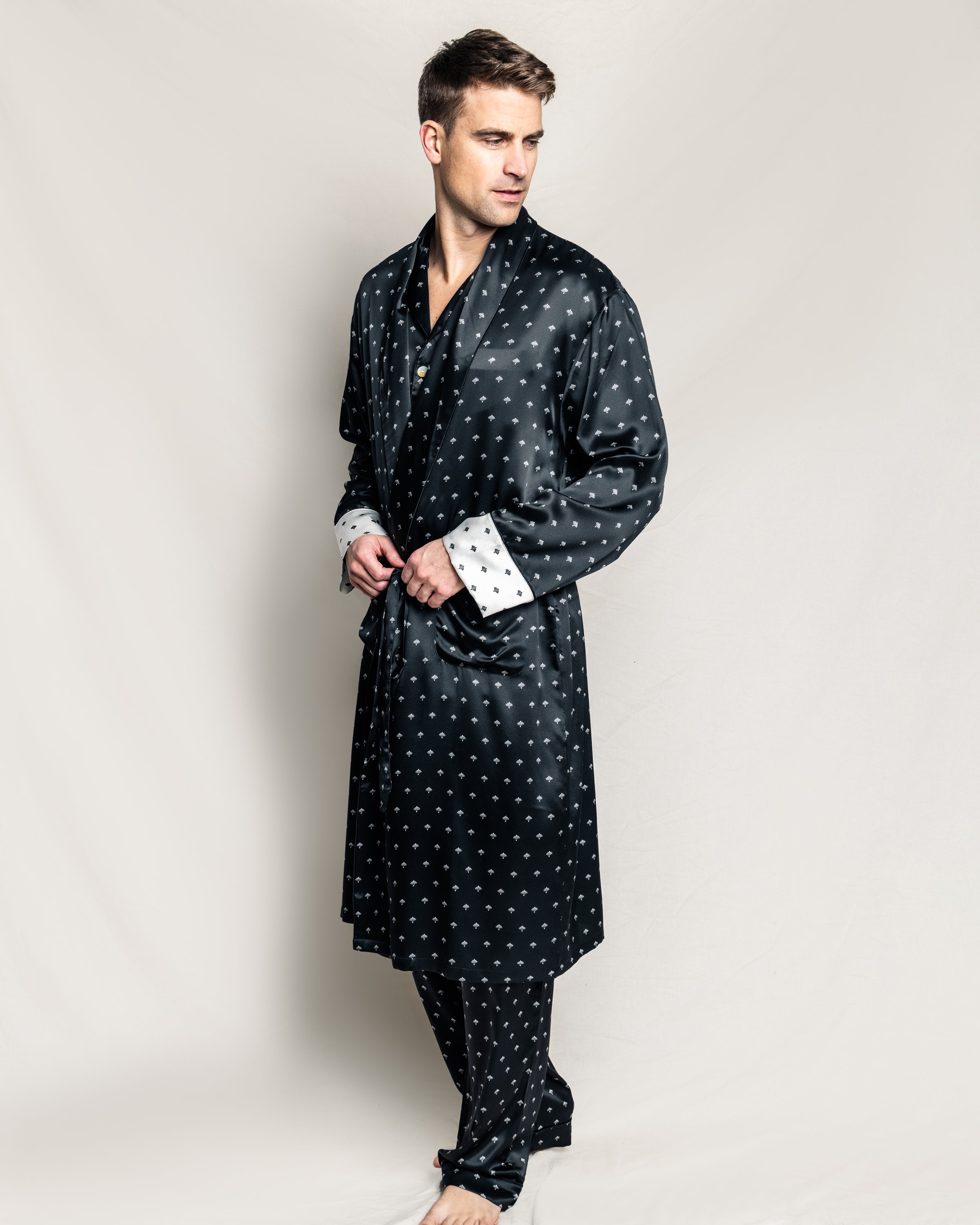 Men's Silk Long Robe in Black Art Nouveau