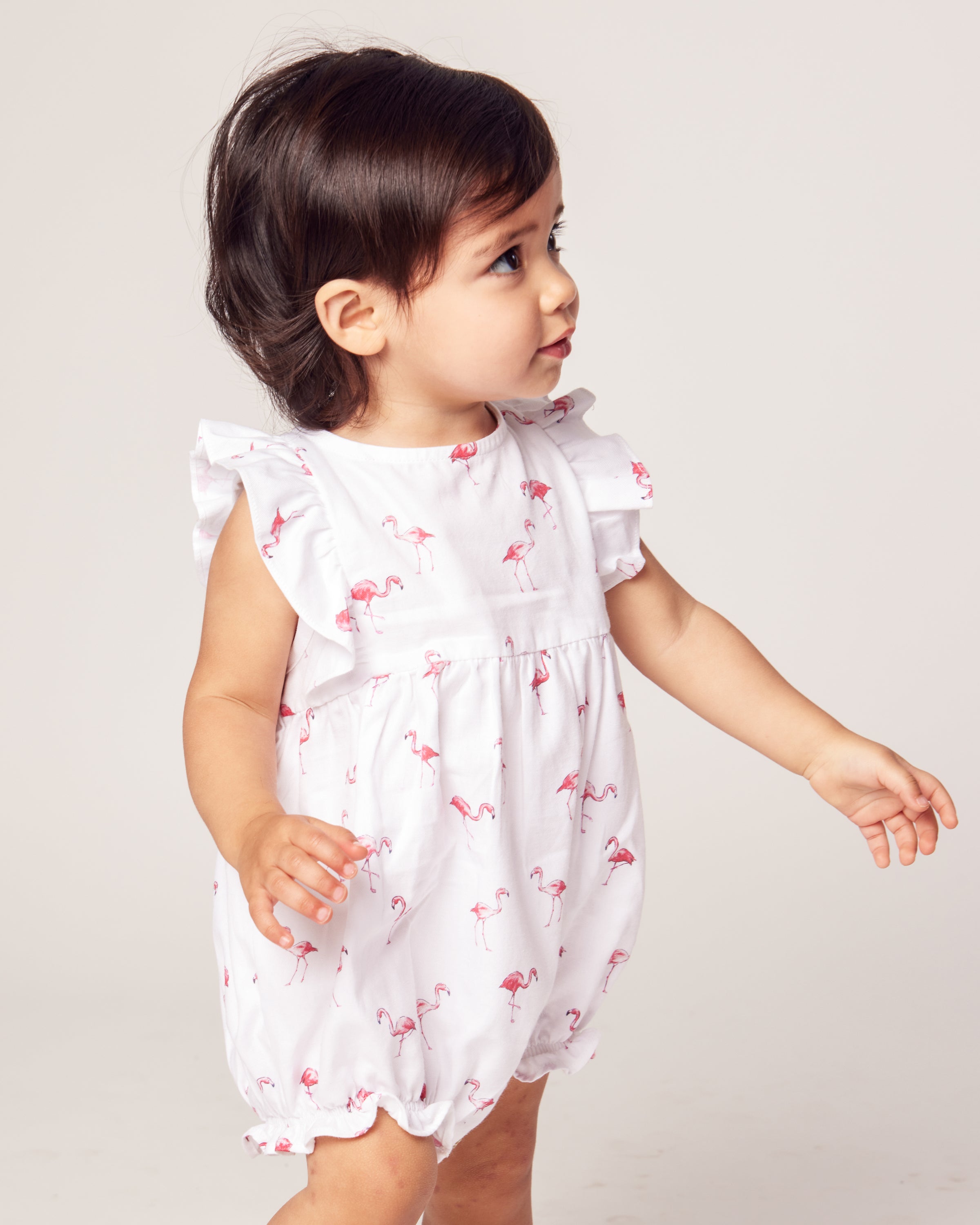 Baby's Twill Ruffled Romper in Flamingos