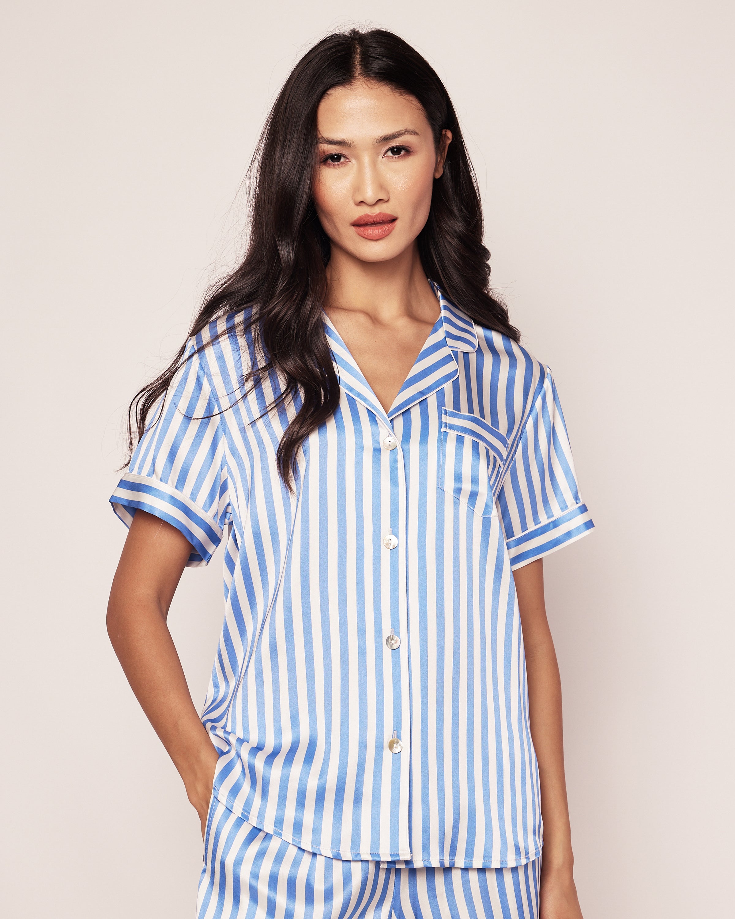 Women's Mulberry Silk Azure Stripe Short Set | Petite Plume