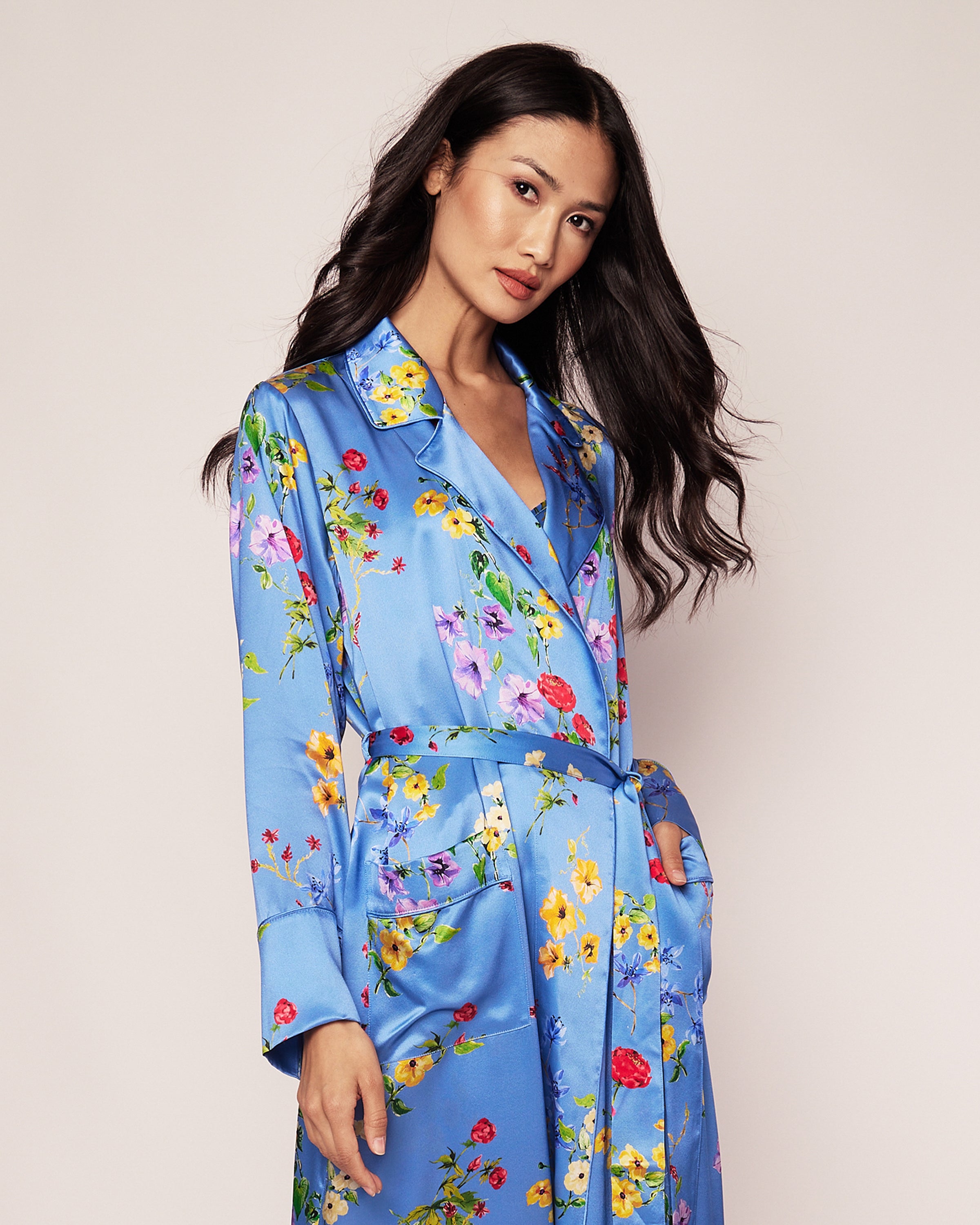 Women s Silk Robe in Azure Brilliant Botanical