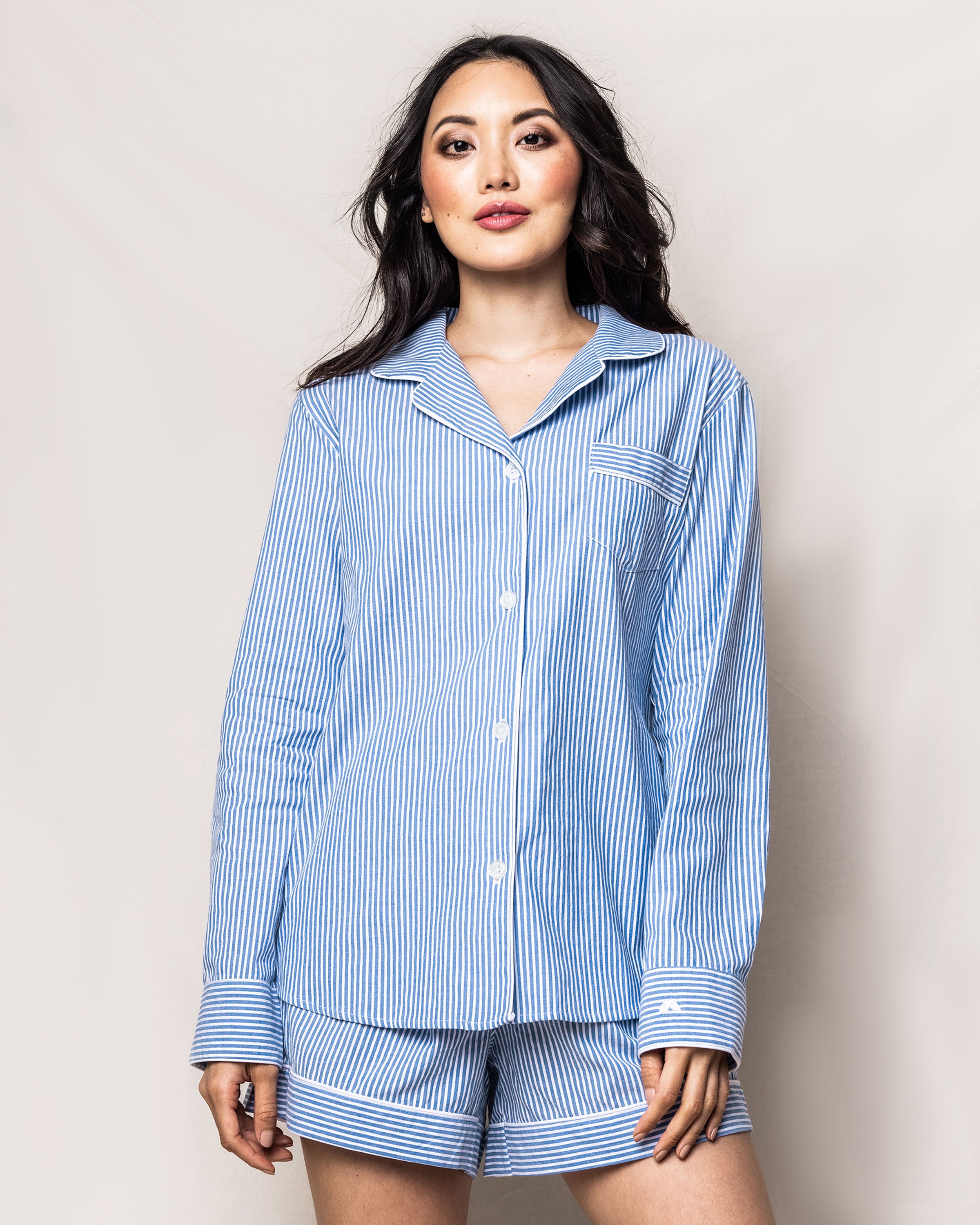 Women's Twill Long Sleeve Short Set in French Blue Seersucker