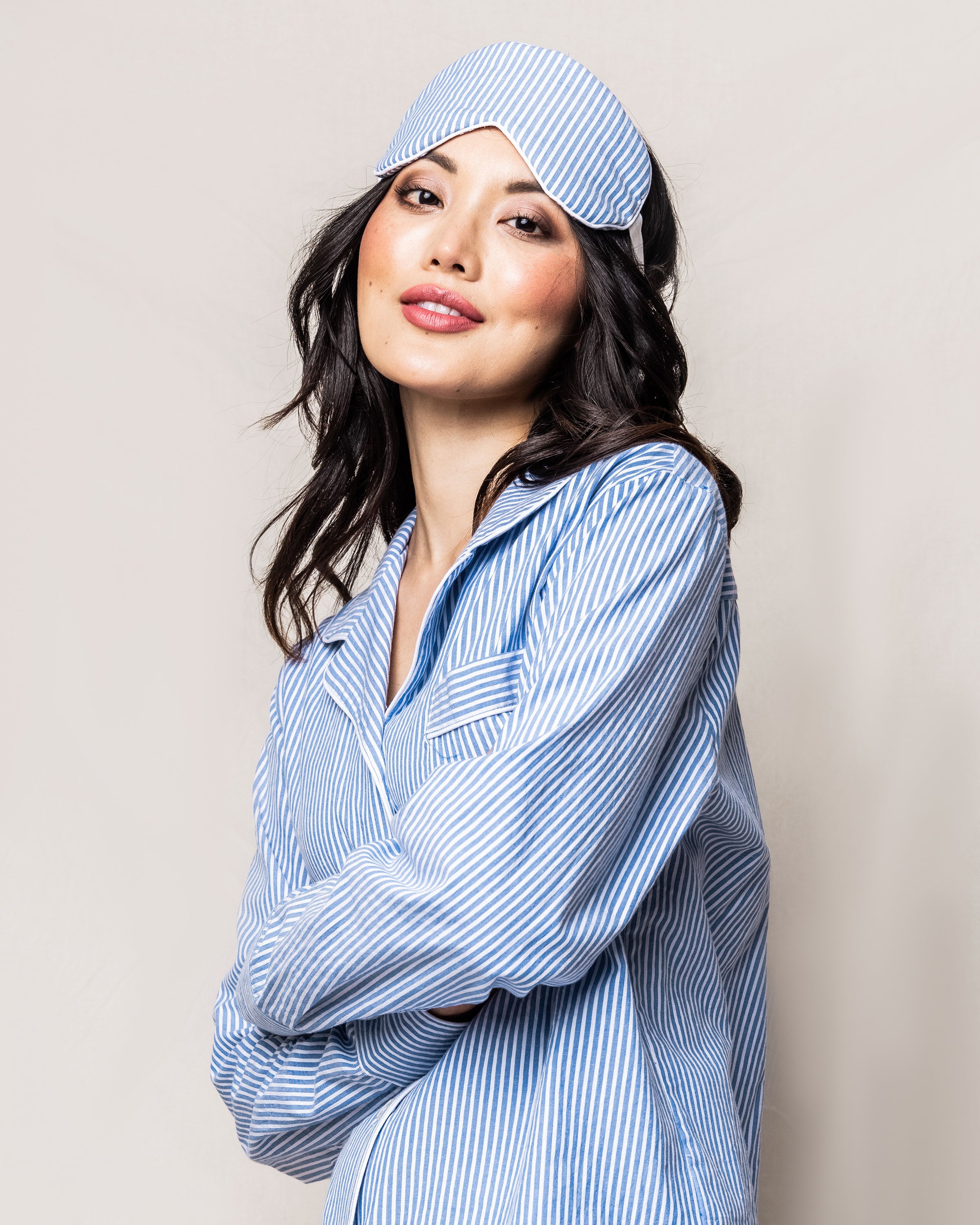 Women's Twill Long Sleeve Short Set in French Blue Seersucker