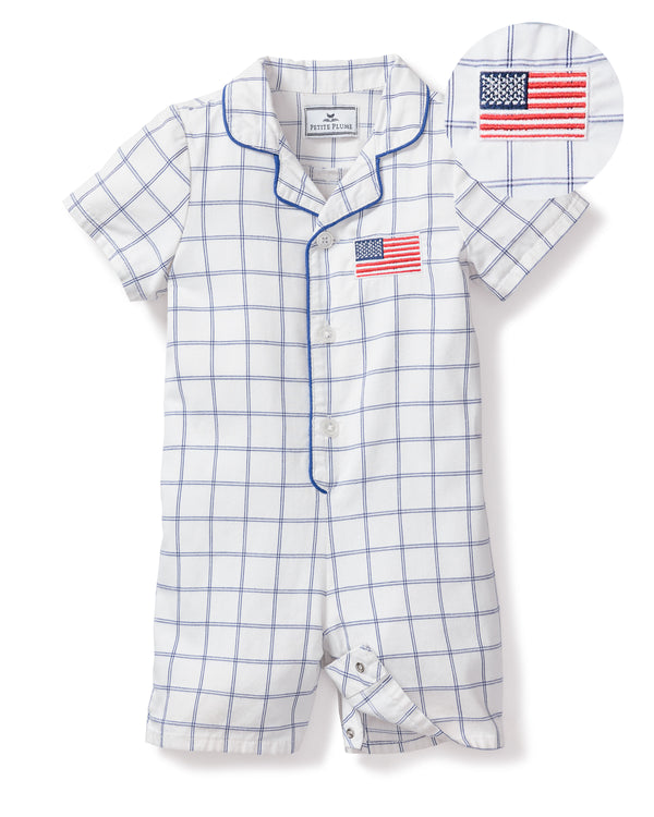 Infant's Twill Summer Romper in Nantucket Tattersall with American Flag