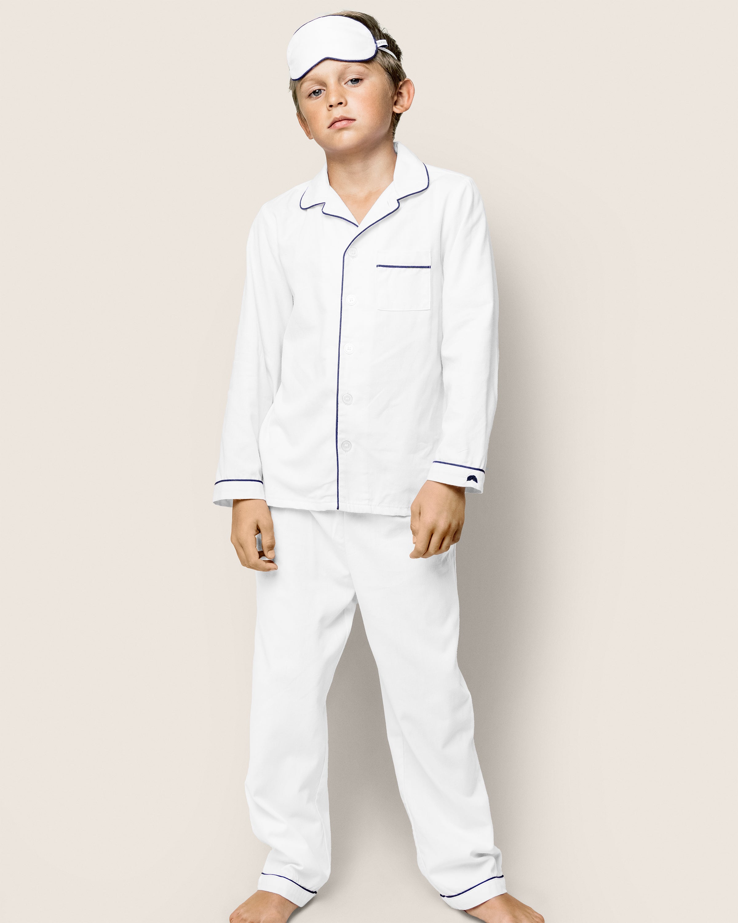 Kid's Twill Pajama Set in White with Navy Piping