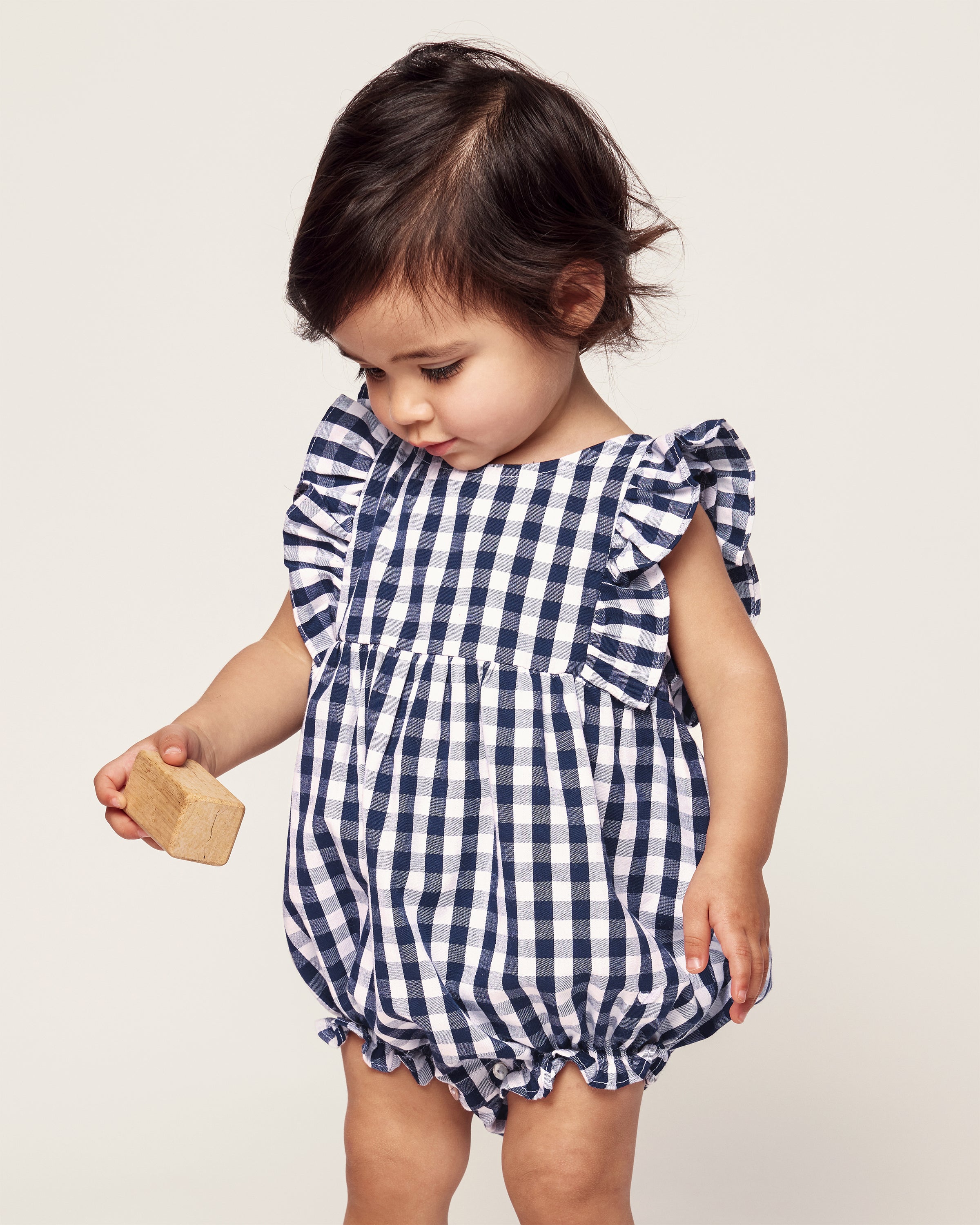 Baby's Twill Ruffled Romper in Navy Gingham