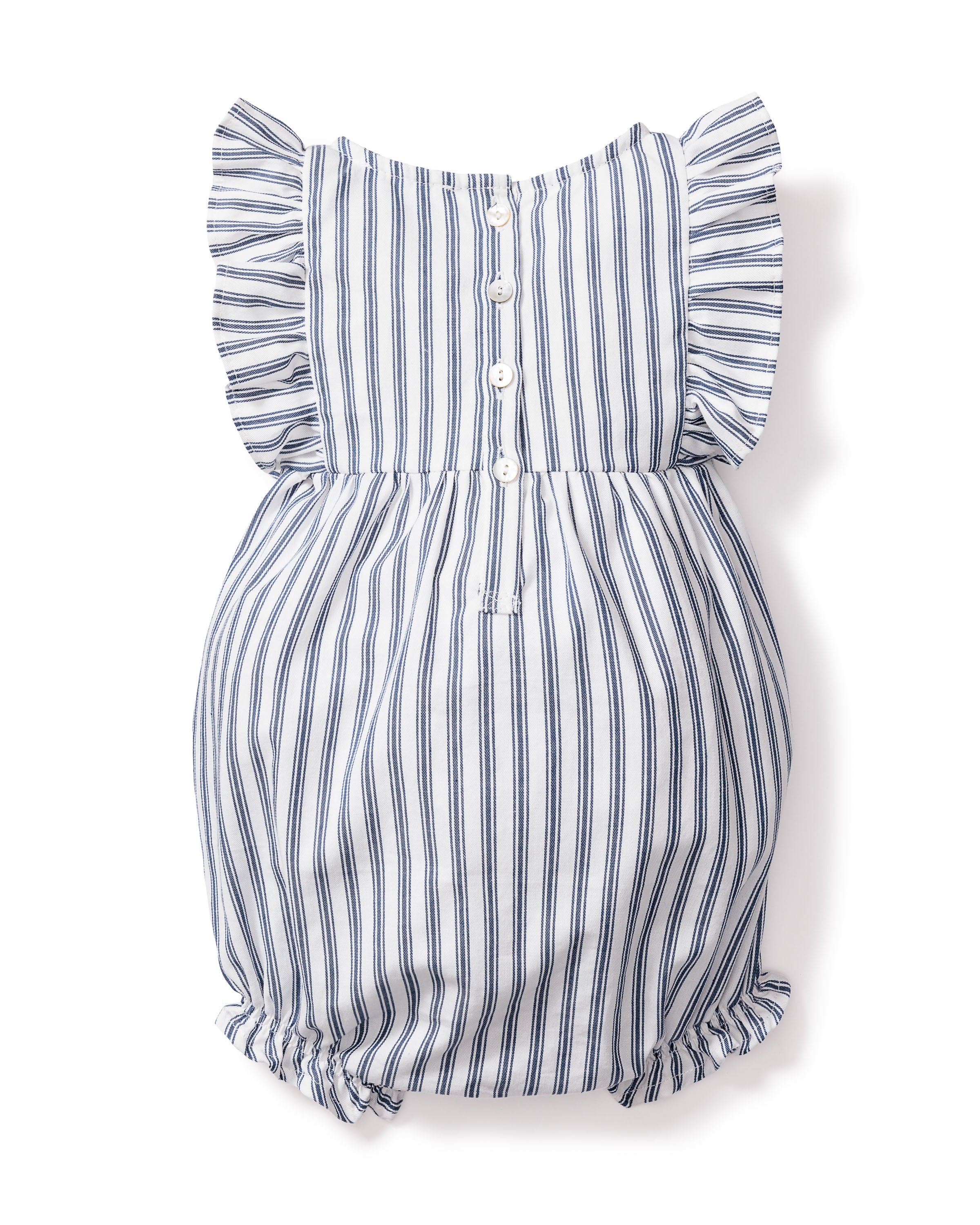 The Babys Twill Ruffled Rompers in Navy French Ticking by Petite Plume are blue and white striped, made from yarn-dyed cotton, with short ruffled sleeves, a button-down front, and elasticized leg openings.