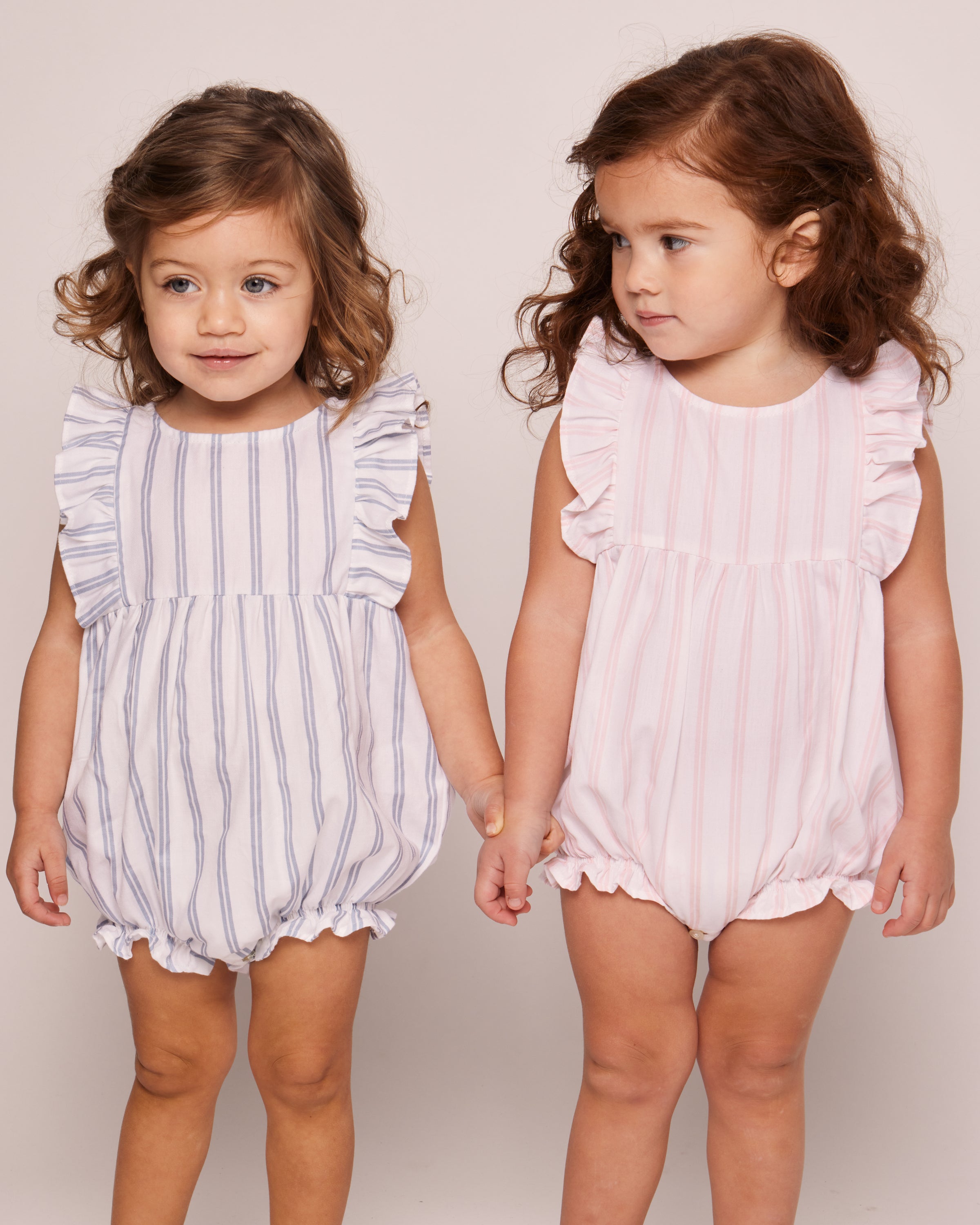 Baby's Twill Stripe Ruffled Romper in Pink and White Stripe