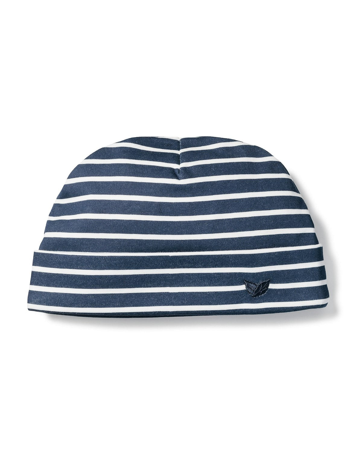 The Babys Pima Hat in Navy Stripe by Petite Plume is a navy blue beanie with white horizontal stripes, made from soft Peruvian Pima Cotton for a babys delicate skin, featuring a small black logo on the lower right.