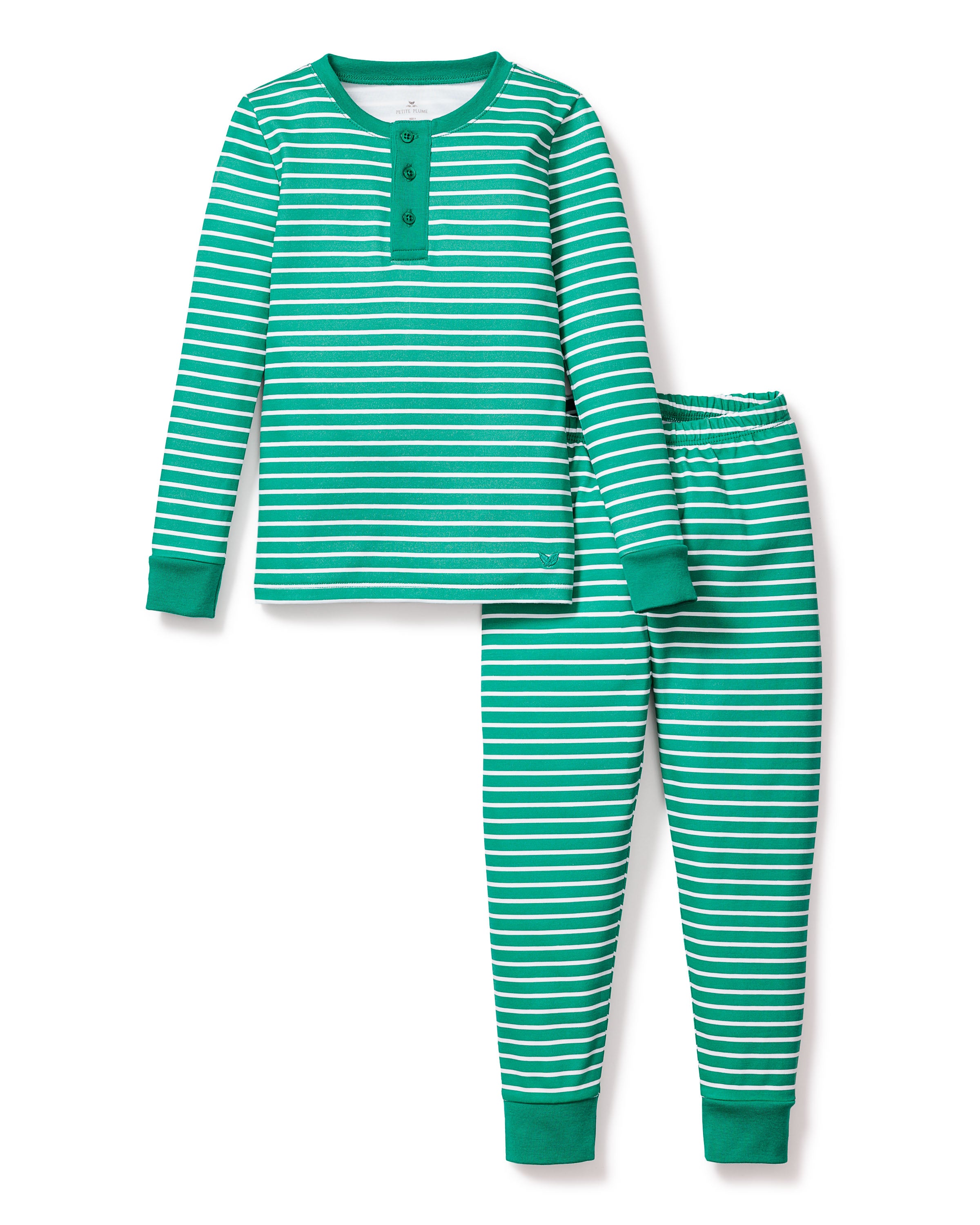 Petite Plumes Kids Pima Snug Fit Pajama Set in Green Stripe features green and white striped sleepwear made from pima cotton. It includes a long-sleeve top with three buttons at the collar, elastic-waist pants, and solid green cuffs for added comfort.