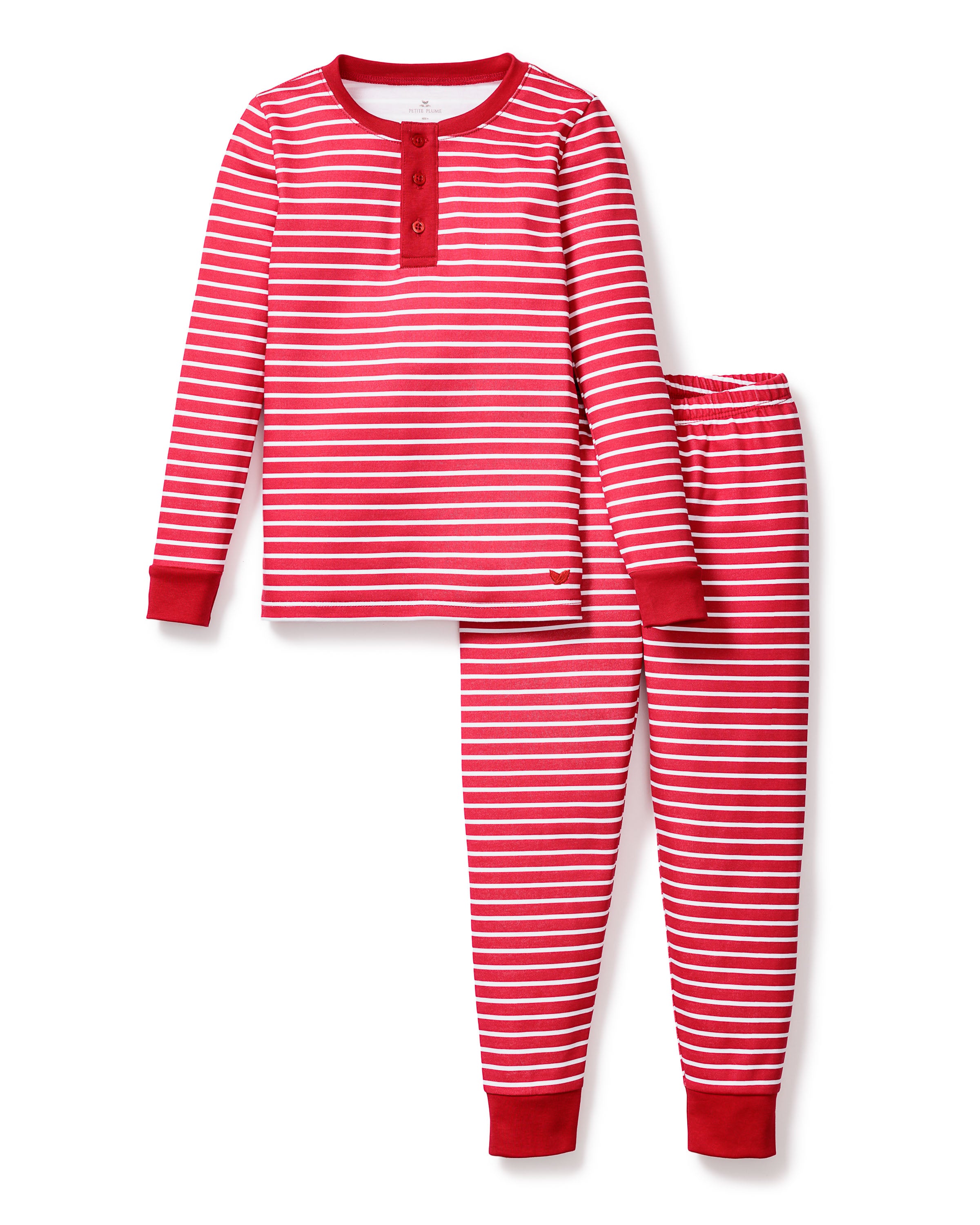 The Petite Plume Kids Pima Snug Fit Pajama Set in Red Stripe is a cozy long sleeve top and pant set made from soft Pima cotton, featuring red and white stripes with front buttons, perfect for classic childrens sleepwear.