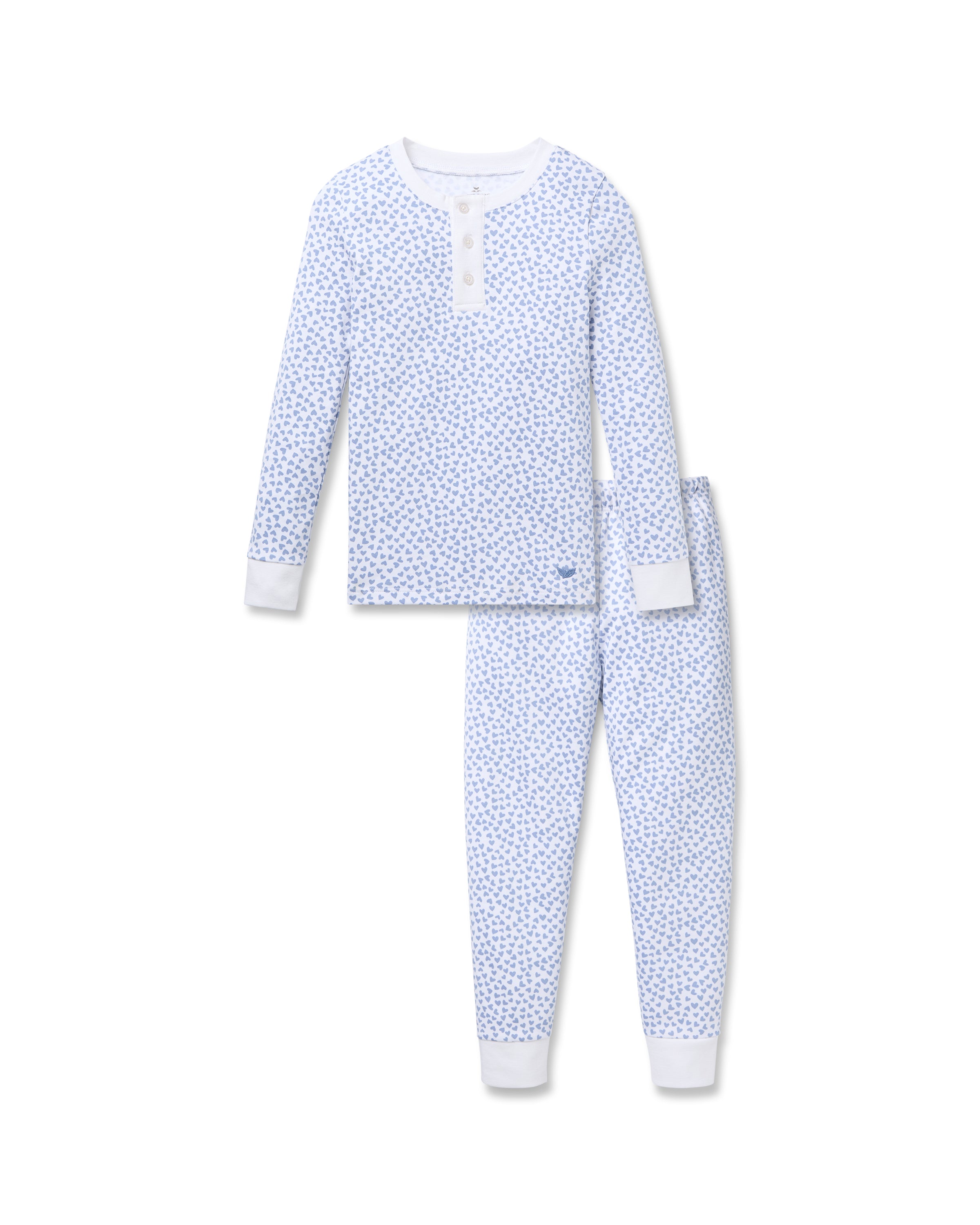 The Petite Plume Kids Pima Snug Fit Pajama Set in Bluehearts showcases a light blue long sleeve top and pant set with a delightful white polka dot pattern. Made of Pima Cotton, the top includes a buttoned placket at the neckline and crisp white cuffs on both pieces.