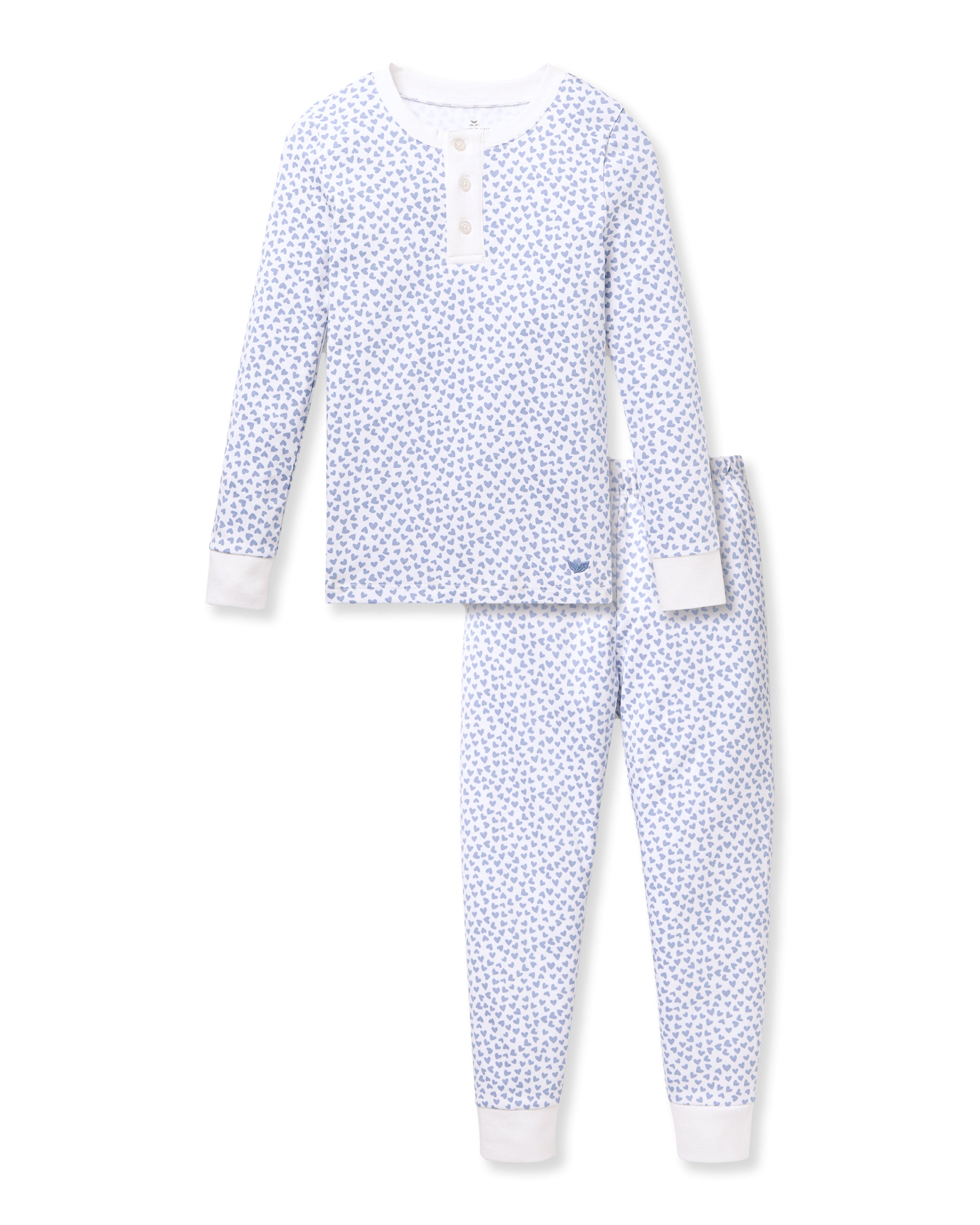 Petite Plumes Kids Pima Snug Fit Pajama Set in Bluehearts is made of premium Pima cotton, featuring a charming design with blue florals on white. It includes a buttoned long-sleeve top and matching pants with white cuffs.