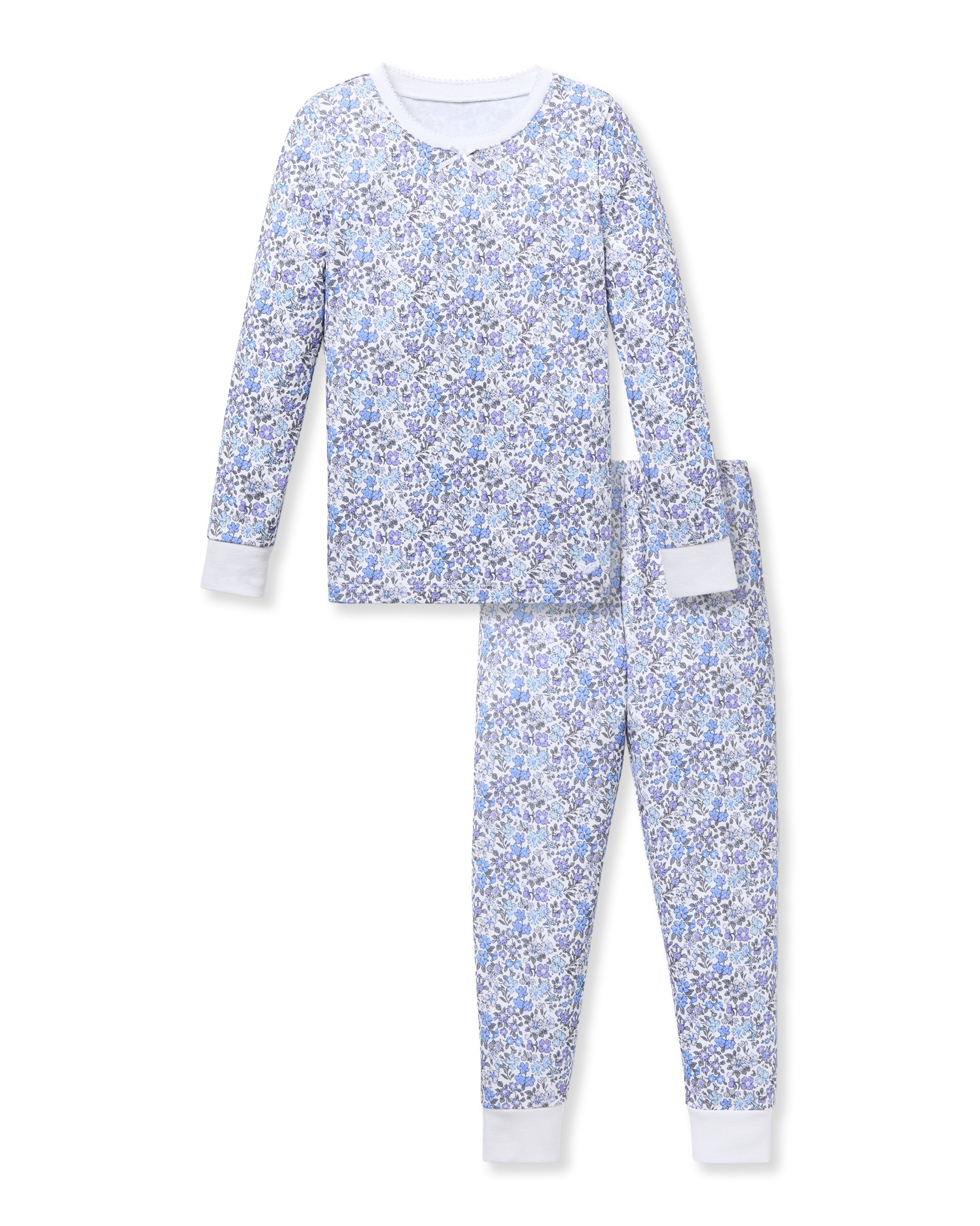 Petite Plumes Kids Pima Snug Fit Pajama Set in Fleur dAzur features a vintage floral pattern in blue, grey, and white on soft Pima Cotton with solid white cuffs and neckline, all contrasted beautifully against a plain white background.