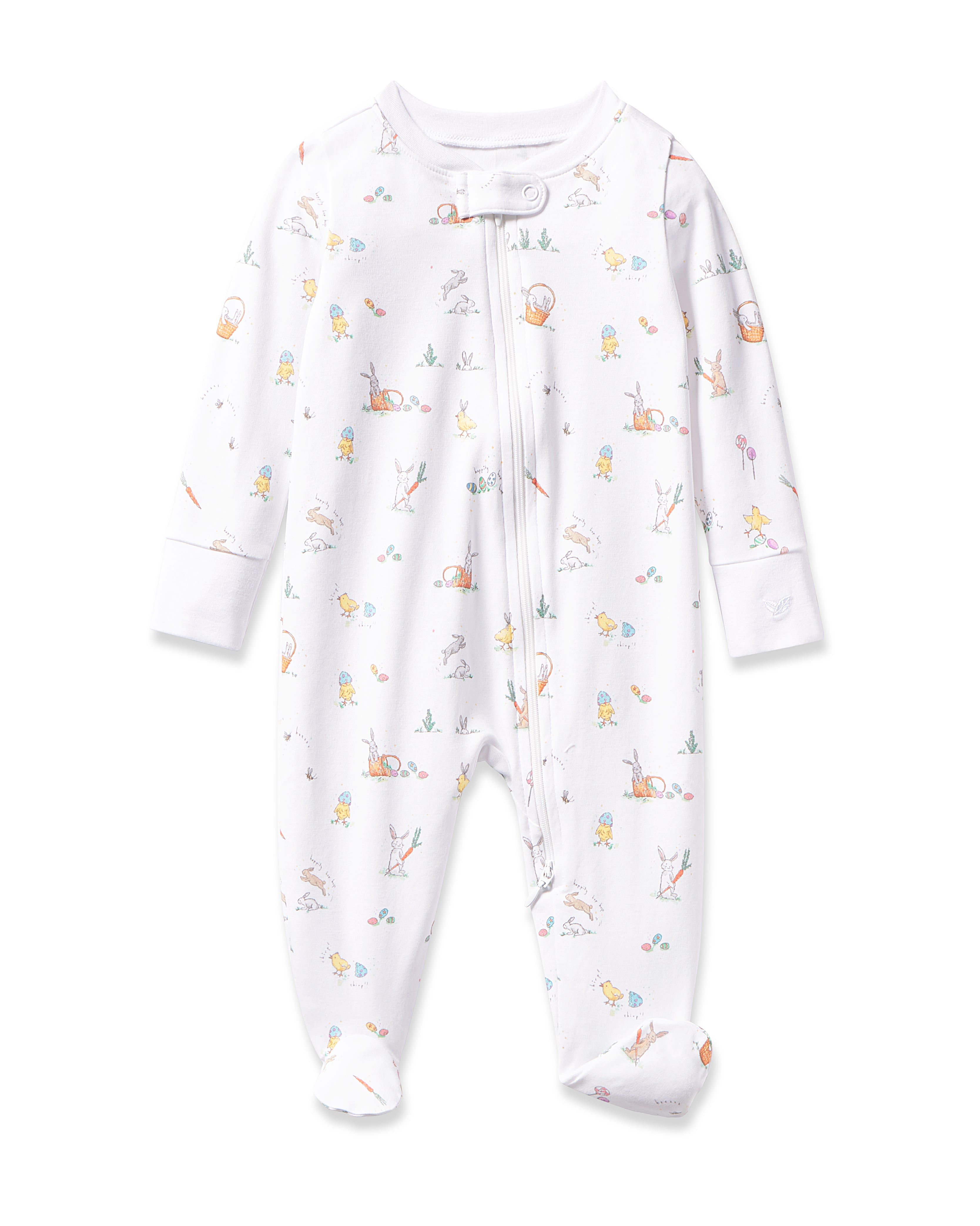 The Babys Pima Romper in Easter Frolic by Petite Plume is a white onesie featuring small animal and plant cartoon prints. Made from soft Pima cotton, it has long sleeves, footed bottoms, and a zipper from neck to leg—ideal for playful adventures!.