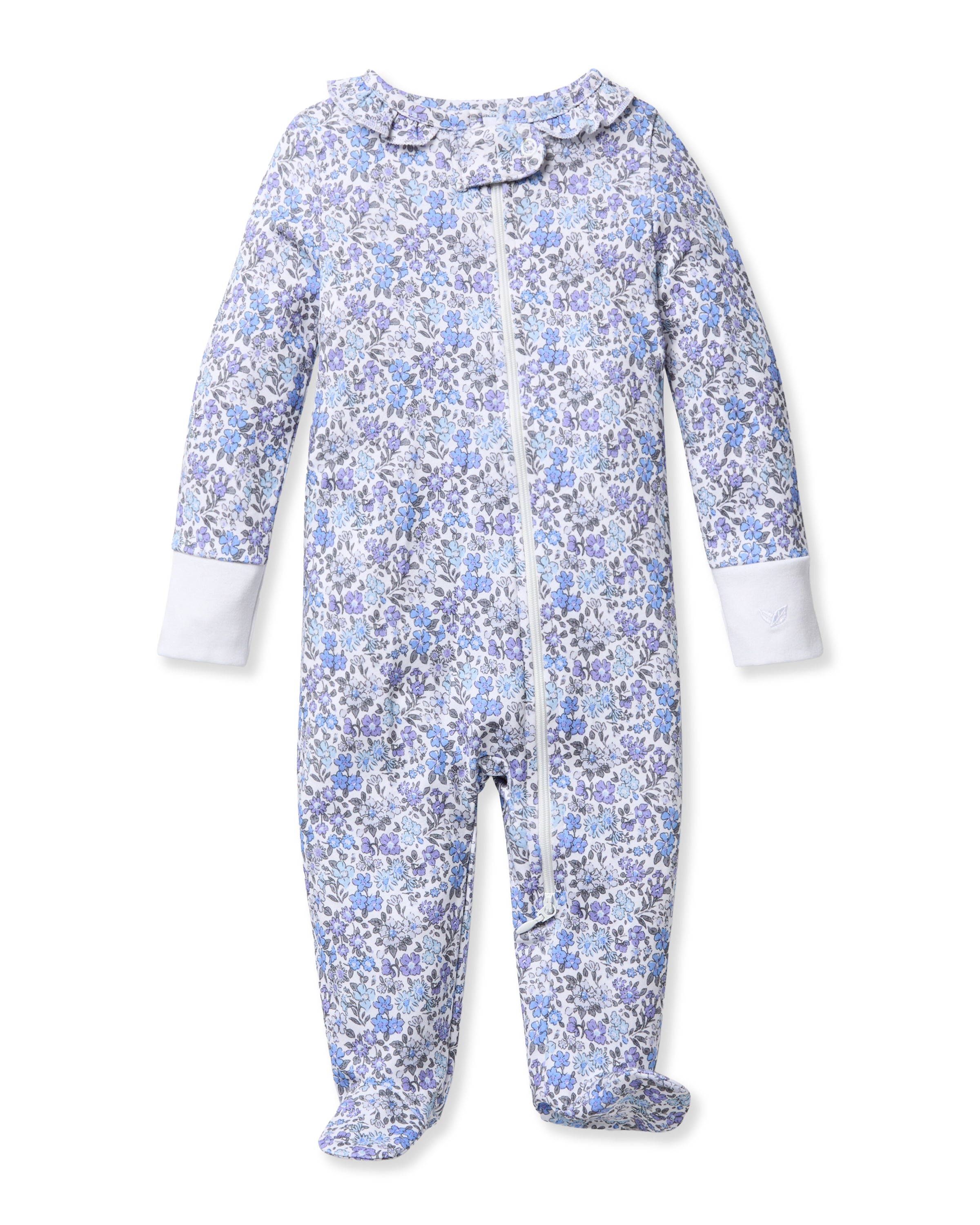 The Babys Pima Ruffle Collar Romper in Fleur dAzur by Petite Plume features a charming vintage-inspired blue and white floral print. Made from soft Pima cotton, it includes long sleeves, footed legs, a front zipper, ruffled collar, and solid white cuffs for a snug and delightful fit.